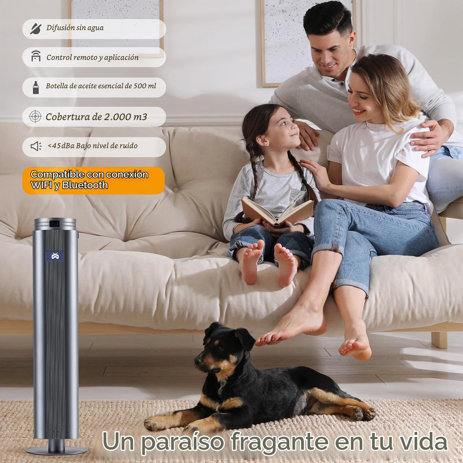 Mxmoonant Difusor de Aceite Esencial sin Aguacon con Niebla Fría, Que Cubre 2000m³, Botella de Aceite de 500ml, App y Remoto Control, Industrial, para Hotelaria, Restaurante, Gimnasios | App/mando a distancia, 2000 m³, detección de aceites esenciales, par