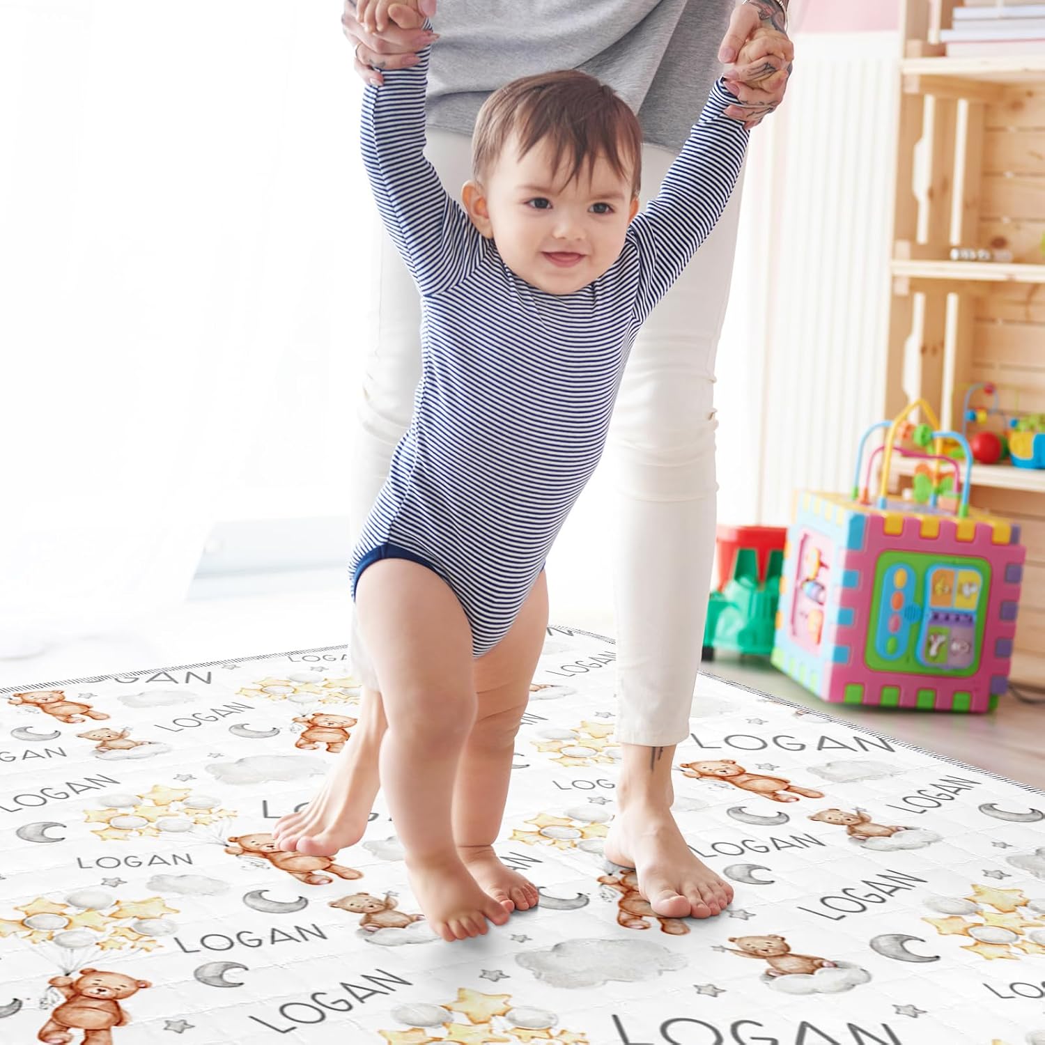 Baby Playmat for Boys Girls Custom Crawling Mat for Toddler Kids, Foldable Padded Soft Non-Slip Activity Mat for Floor Tummy Time, Bear Unisex Nursery Decor Baby Gift(43"x 43")