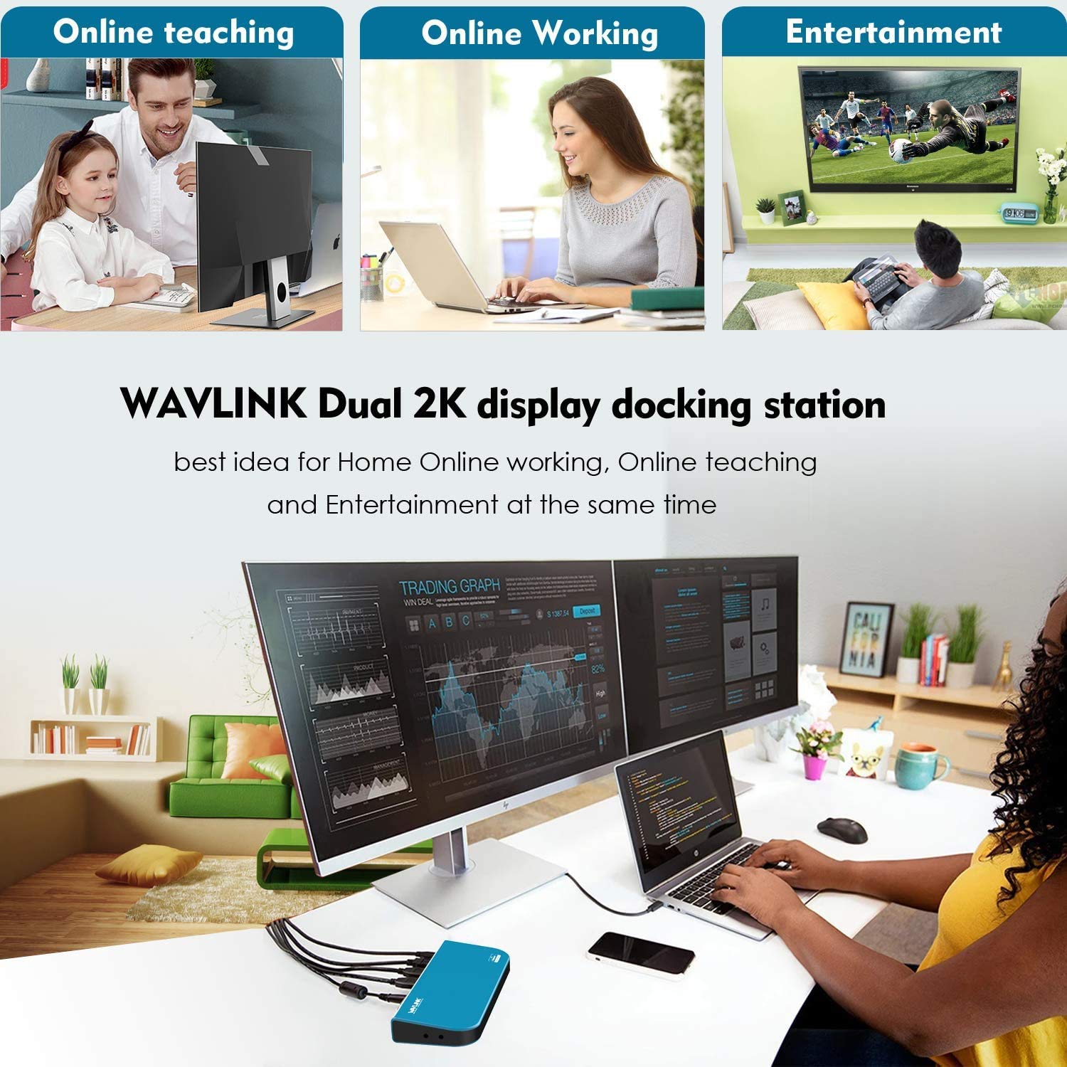 WAVLINK Estación de Acoplamiento Universal USB 3.0 para portátil con Doble Pantalla de vídeo Salidas HDMI/DVI/VGA hasta 2048 x 1152, Gigabit Ethernet, 6 Puertos USB
