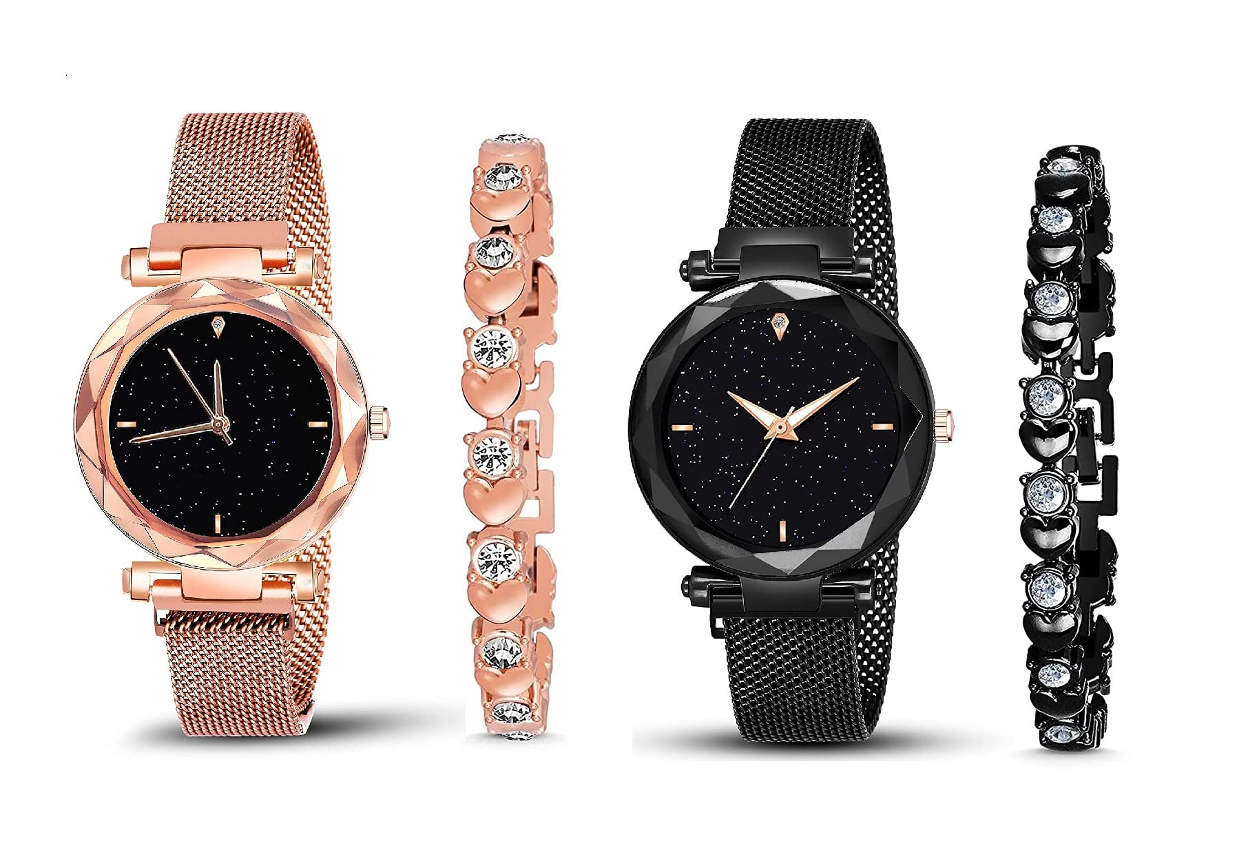 K Vajir Analogue Rose Gold and Black 4 Point Time Dial, Steel Mesh Magnet Belt with Bracelet Quartz Wrist Watch for Girls and Woman | Stylish Combo for Gift (Combo of 4) (B0BF53YK9S) Amazon Price History, Amazon Price Tracker