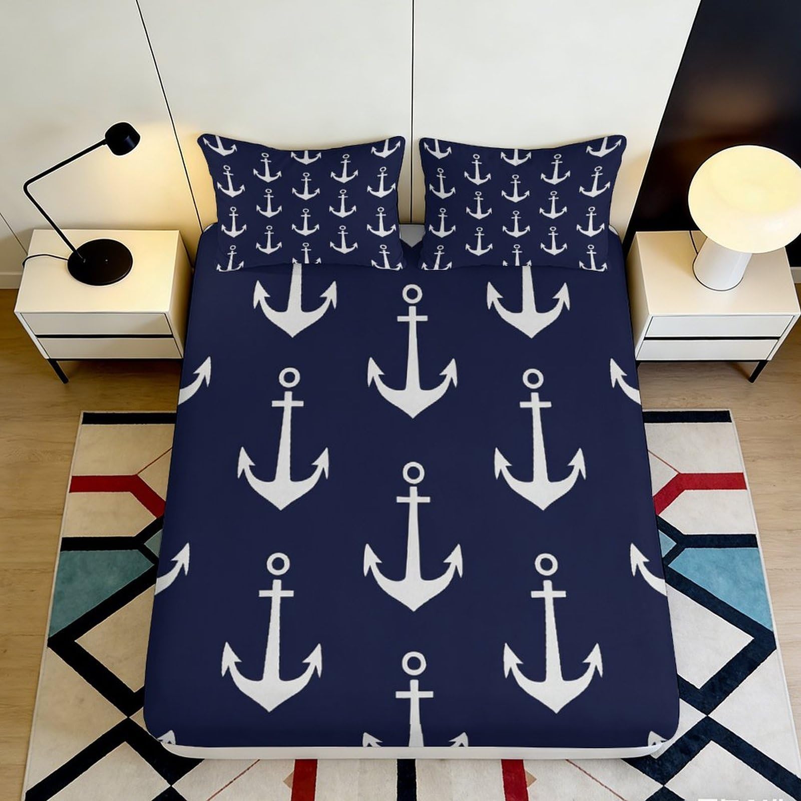 3D Printed Nautical Anchor Fitted Sheet Microfiber Deep Pocket Non-Slip Bedroom Anchor Mattress Fitted Cover 90x200x25cm 90x200x25cm