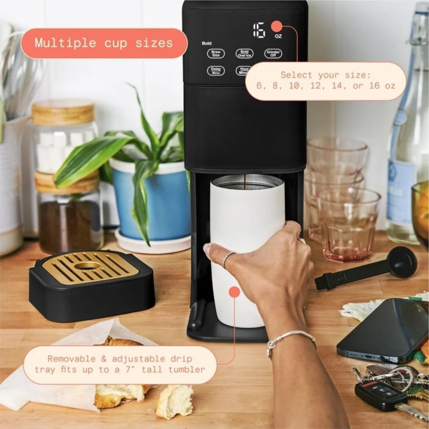 Programmable Single Serve Coffee Maker with Integrated Burr Grinder, Touch Controls, Fresh Custom Brew, Compact Design, Easy to Use