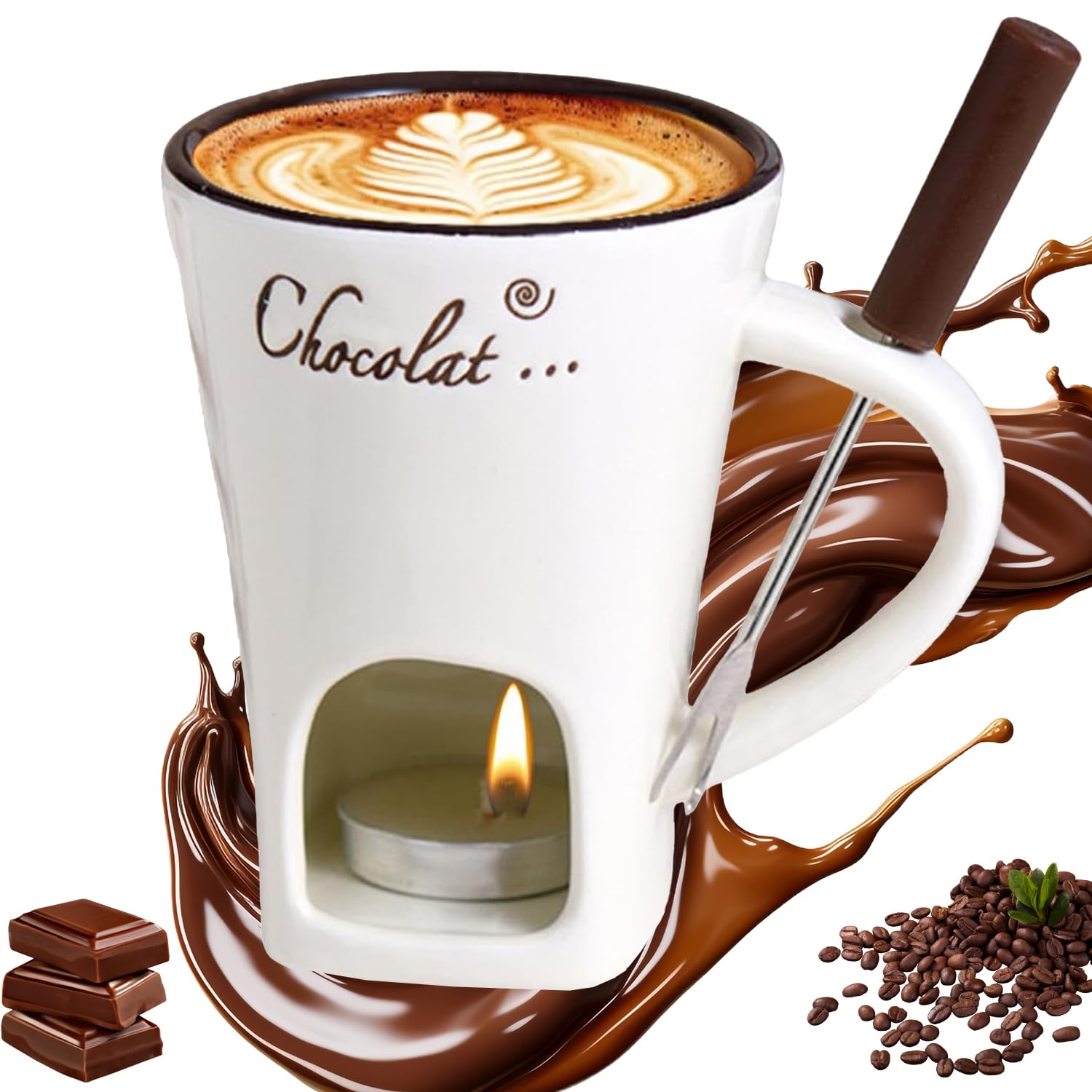 Taza de Fusión de Chocolate, 130 ML Juego de Fondue de Chocolate, Taza de Cerámica para Derretir Chocolate con Tenedores y Vela de Té, Taza de Fusión de Queso, Tazas de Fondue de Chocolate para Queso