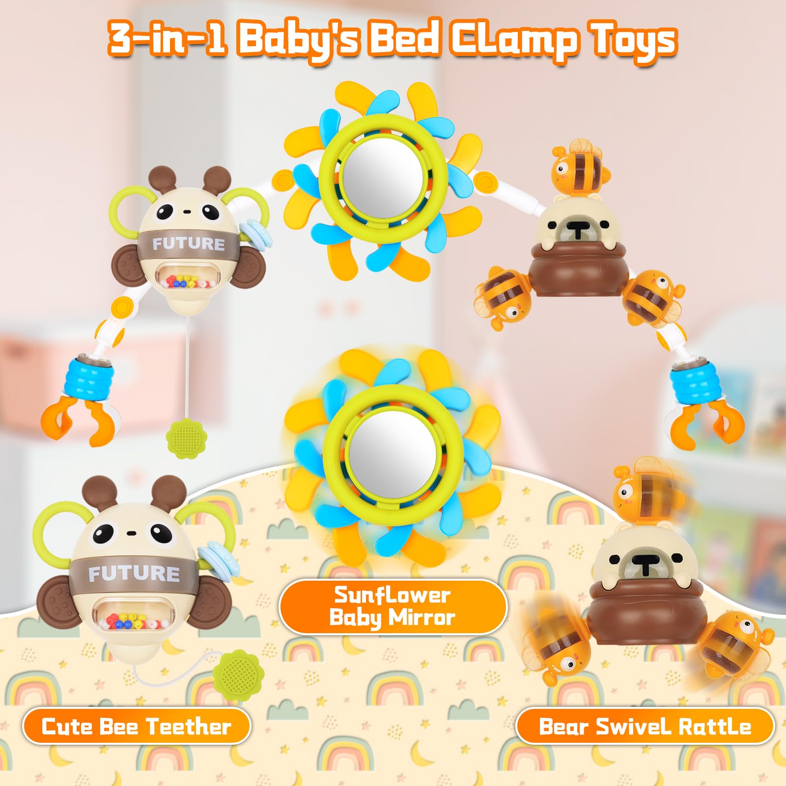 Giocattoli per seggiolino auto per bambini da 0 a 6 mesi, accessori per passeggino da appendere per culla, giocattolo ad arco regolabile con clip mobile sul passeggino, regalo per neonati e ragazze