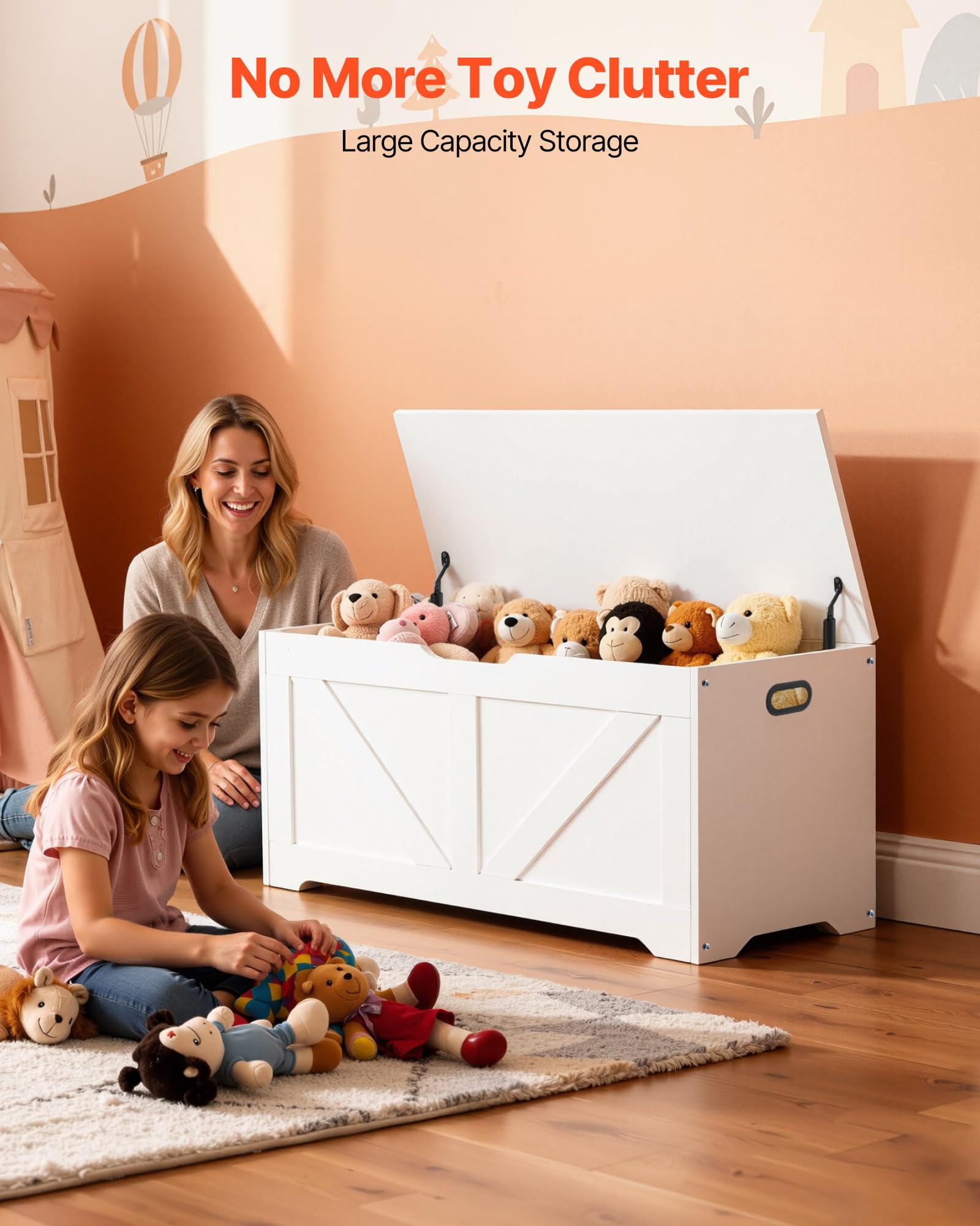VEVOR Panca per Bambini con Contenitore da 990 x 395 x 480 mm, Contenitore per Giocattoli in Legno con Cerniera di Sicurezza, Baule Portaoggetti per Sala Giochi, Soggiorno, Ingresso, Bianco