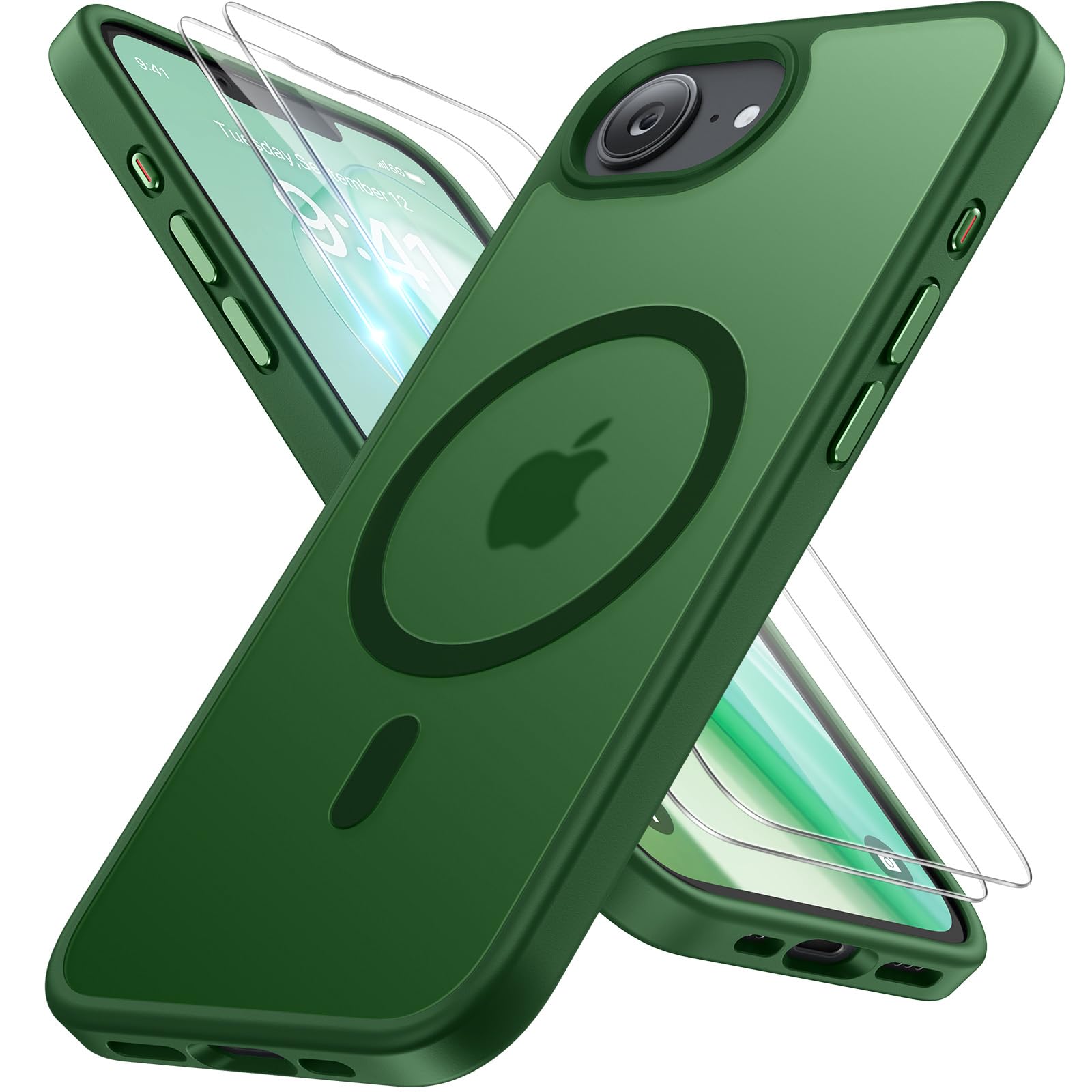 Photo 1 of Miracase for iPhone 16e case & iPhone 17e Case for MagSafe [with 2×9H+ Screen Protectors] TOP Military-Grade Protection Shockproof with Velvet Touch for iPhone 16e/17e Phone Case 6.1", Dark Green