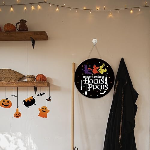 Miniatura 7 de Letrero de bienvenida de Halloween con texto en inglés Just A Bunch of Hocus Pocus, letrero de bienvenida para puerta delantera, Halloween,