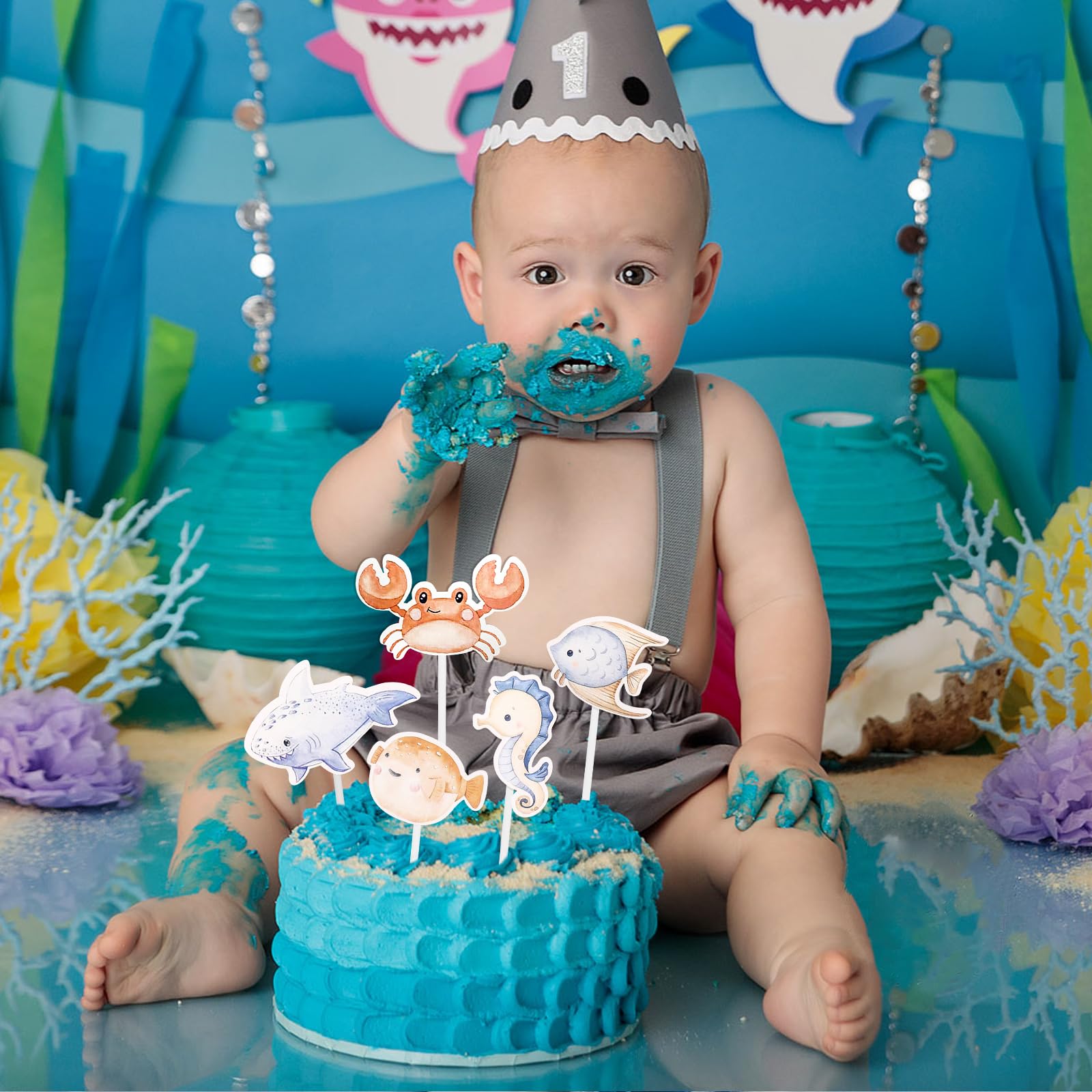 Set 32 Decorazioni Per Feste Tema Oceano - Striscione, Palloncini E Topper Per Torta - Compleanno Bambini E Baby Shower - 3