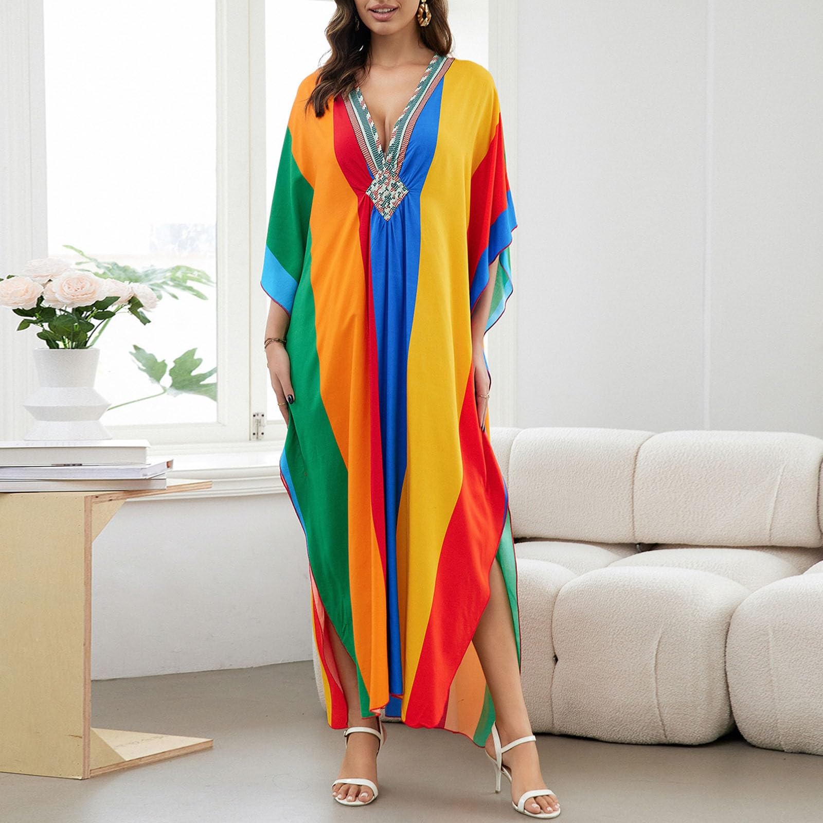 Caftano da donna in stile bohémien, maxi cardigan oversize, abito da spiaggia, abito lungo, kimono, costume da bagno, copricostume estivo, poncho da spiaggia, costume etnico tradizionale