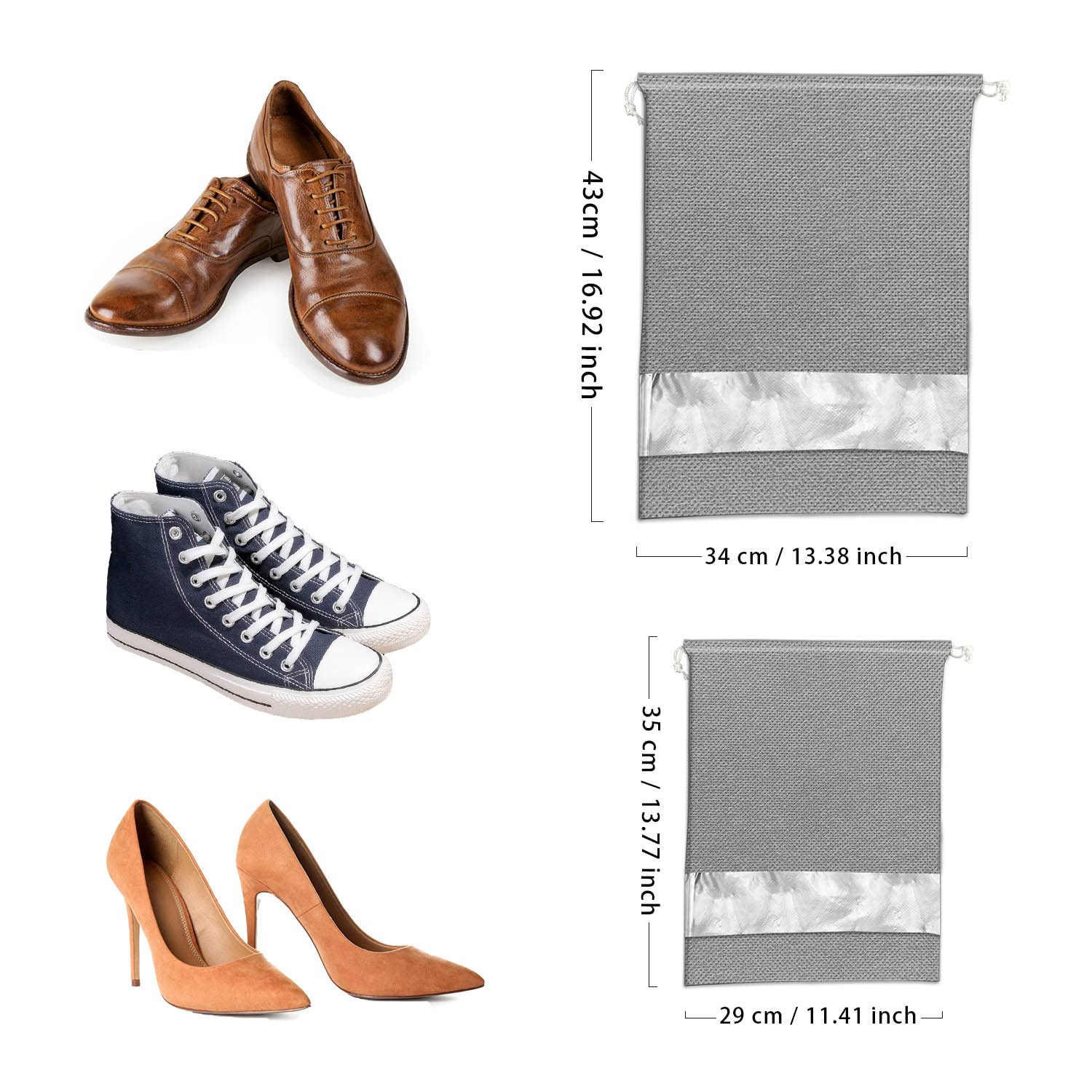 Lovesmile Torba na buty, 10 sztuk, włóknina, zapięcie na sznurek, szare, 2 różne rozmiary, pyłoszczelne, wodoodporne, lekkie, przezroczyste okienko, 10 szt, Szary, Czas wolny