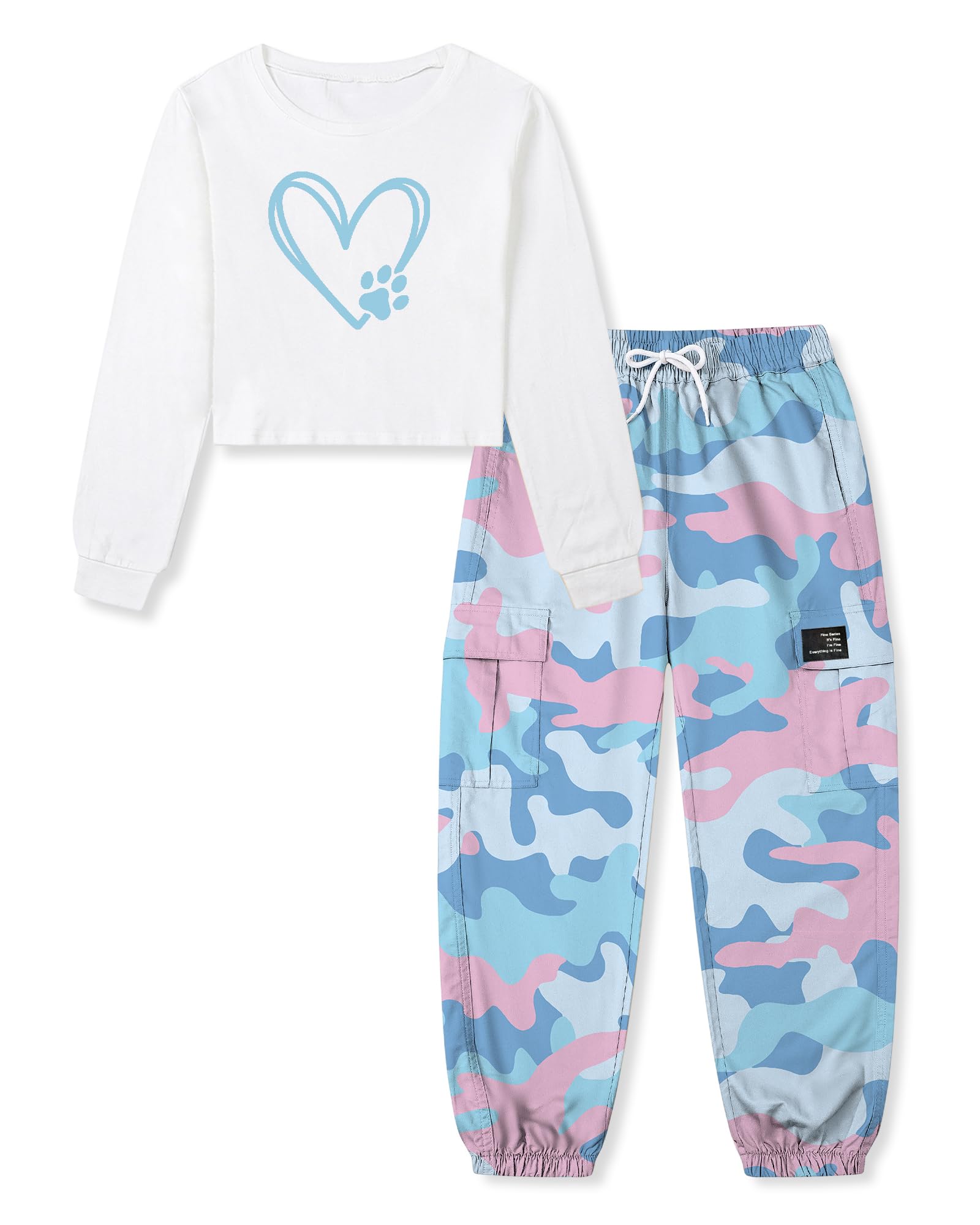 Betusline Girls Fall Winter Clothing Sets, Long Sleeve Crop Top &amp; Cargo Jogger Pants 2 Piece Outfit Sets,4T-14Y