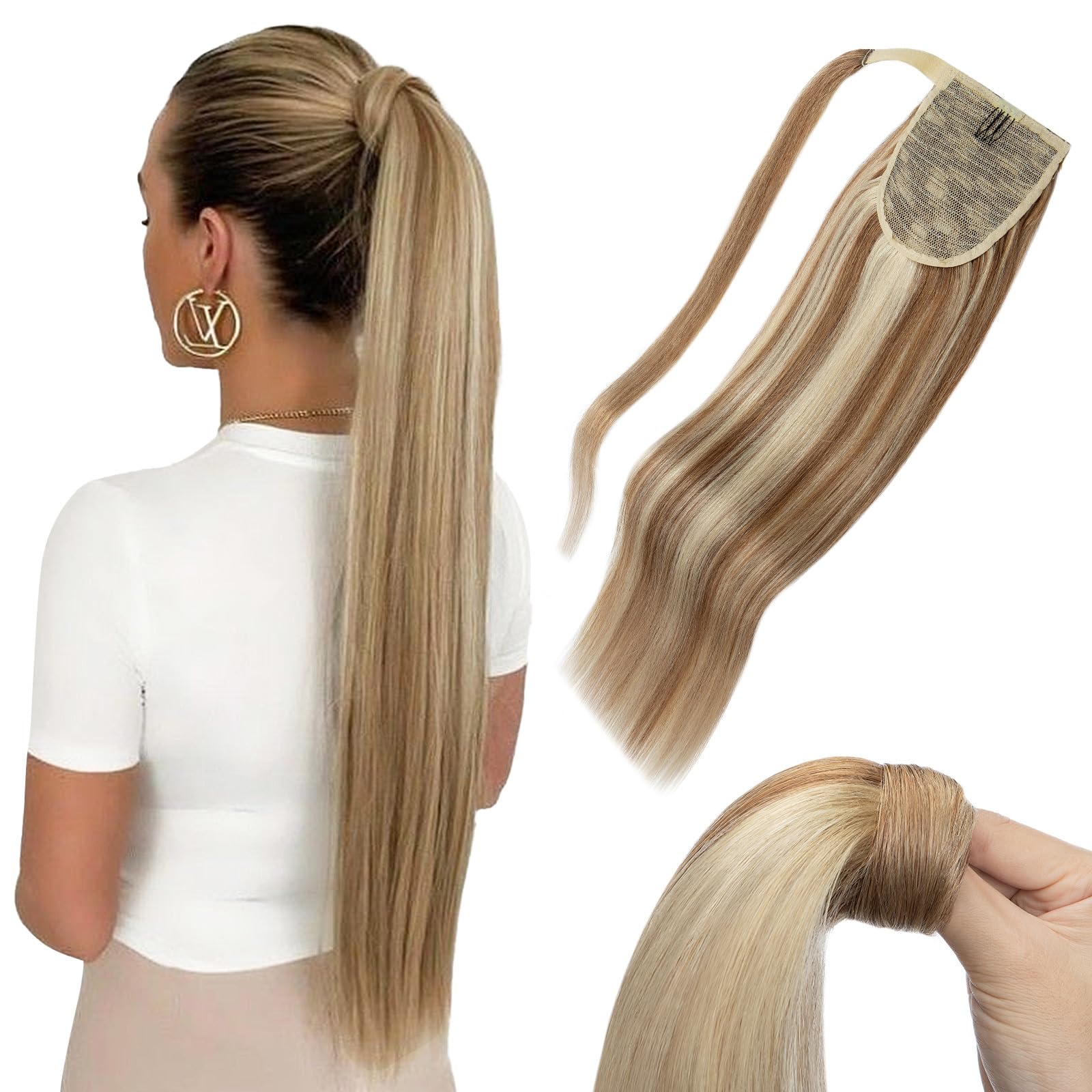MY-LADY Extension Queue de Cheval Cheveux, 35cm Postiche Queue de Cheval Naturel, Rajout Cheveux Longue Ponytail Lisse Wrap Around #12P613 Brun Doré& Blond 80g