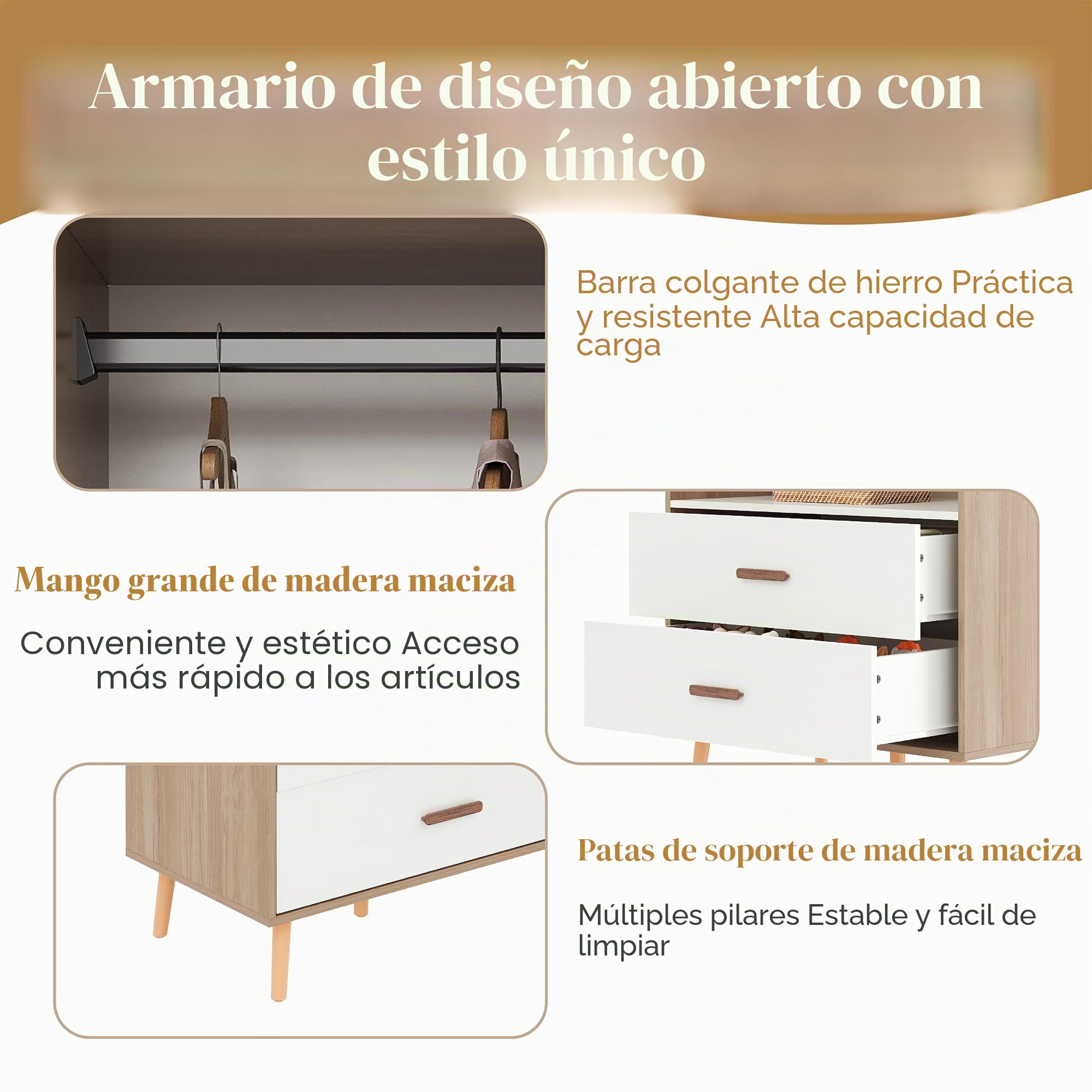 Moimhear Armario infantil, armario con barra para colgar, color blanco+madera natural, con cajones, armario abierto, tiradores de madera maciza, tablero de fibra (Estilo 2)