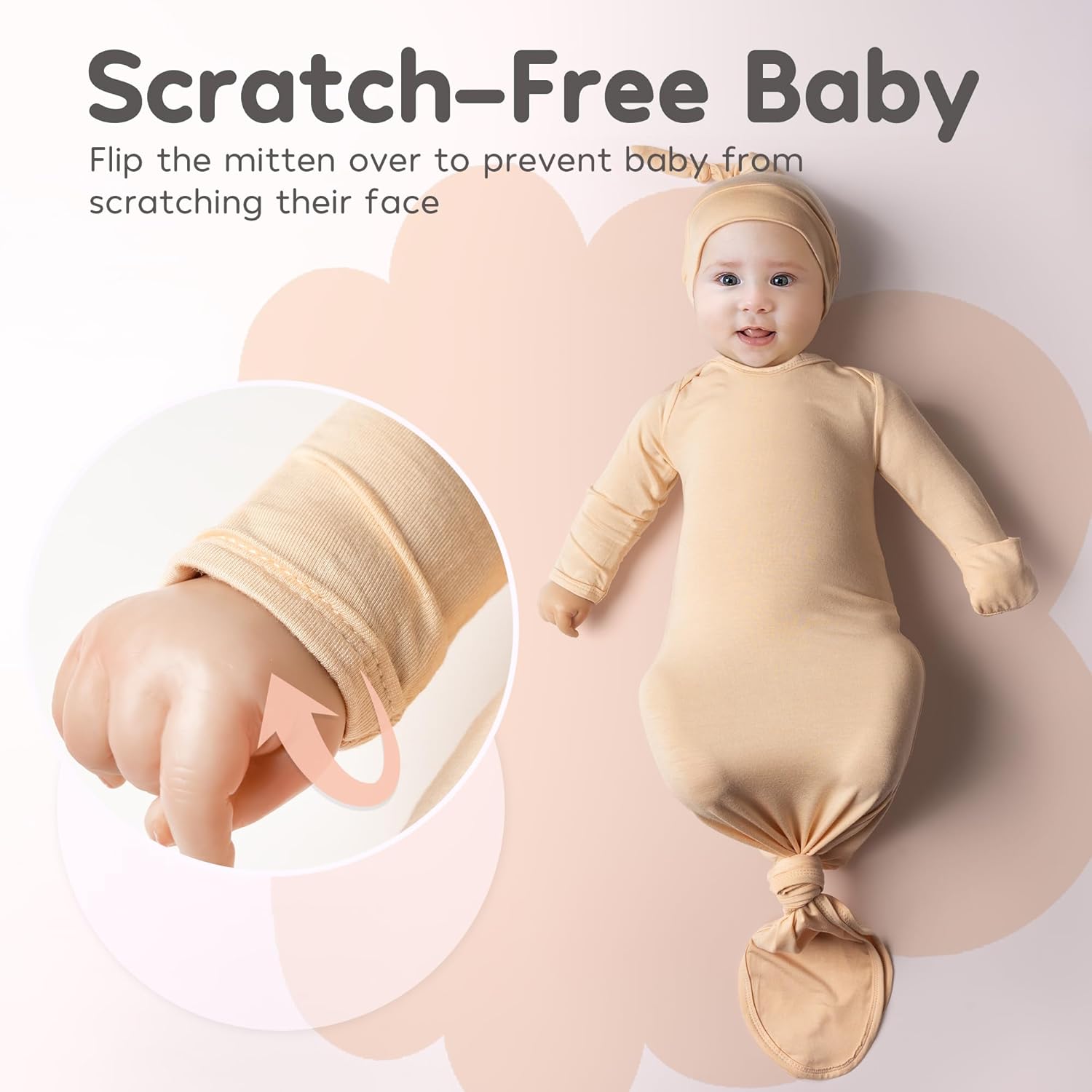 Newborn Baby Knotted Gown, Ultra-Soft Infant Sleeper Coming Home Outfit with Hat, Bowknot (2 Packs) - Image 5