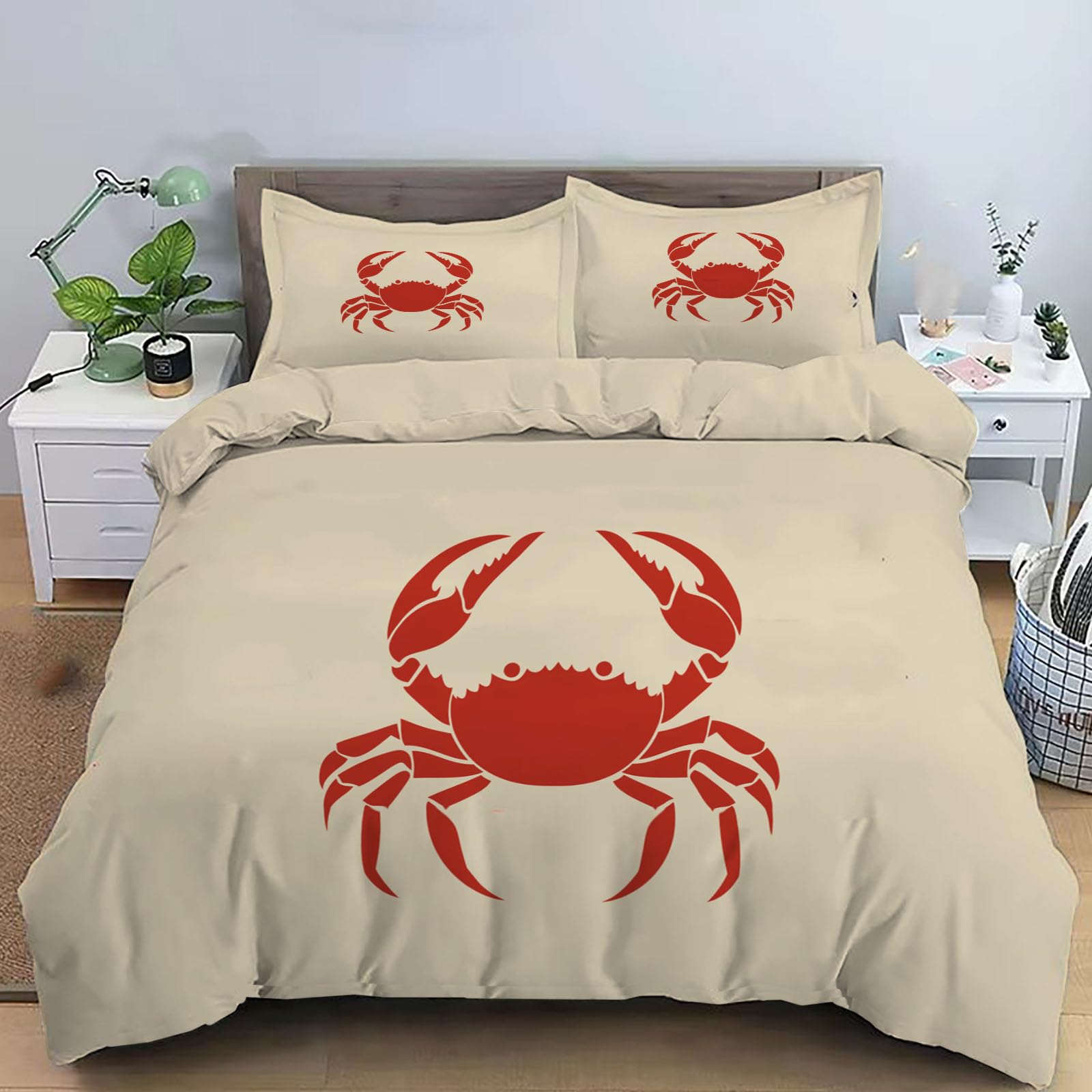 Housse de couette 140x200 microfibre thermorégulatrice parure zippée lit kaki motif crabe