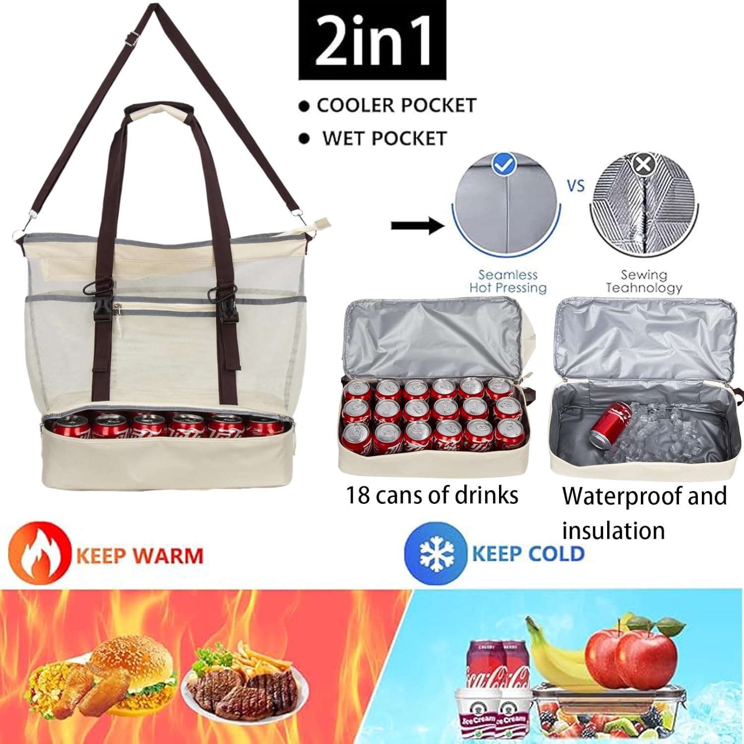 Mesh Beach Bag with Cooler Large Travel Family Vacation Essentials Pool Swimming Zipper Pocket Durable 9 Pockets - Image 4