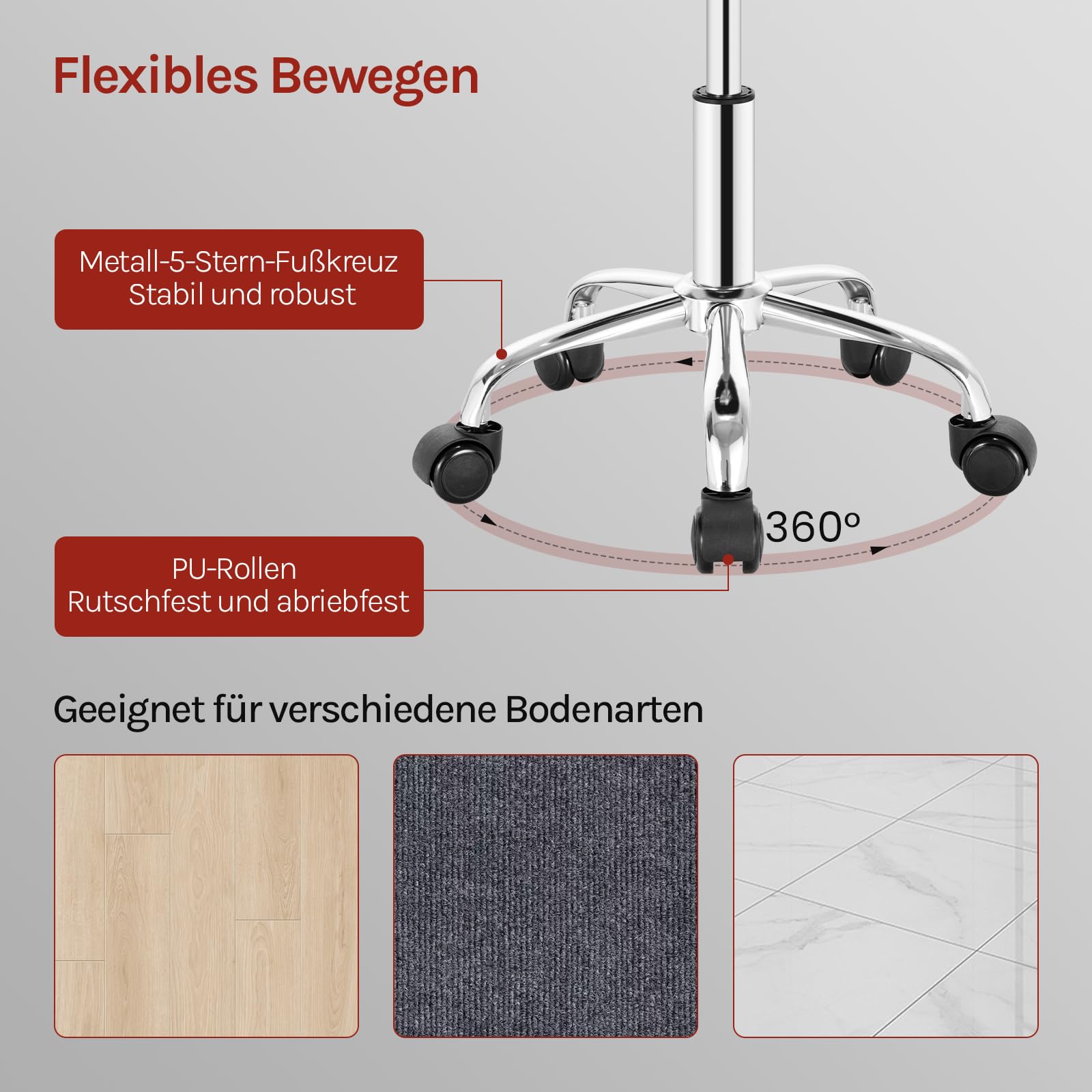 WOLTU Rollhocker mit niedriger Rückenlehne, Bürohocker mit Rollen, Drehstuhl höhenverstellbar, Arbeitshocker Dunkelgrau für Massage Salon Samt