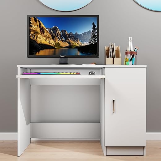 VIKI Engineered Wood Computer Table, Study Table, Desks with Door, Storage, Keyboard Tray for Adults/Students, Office Home | DZUKOU | Frosty White,…