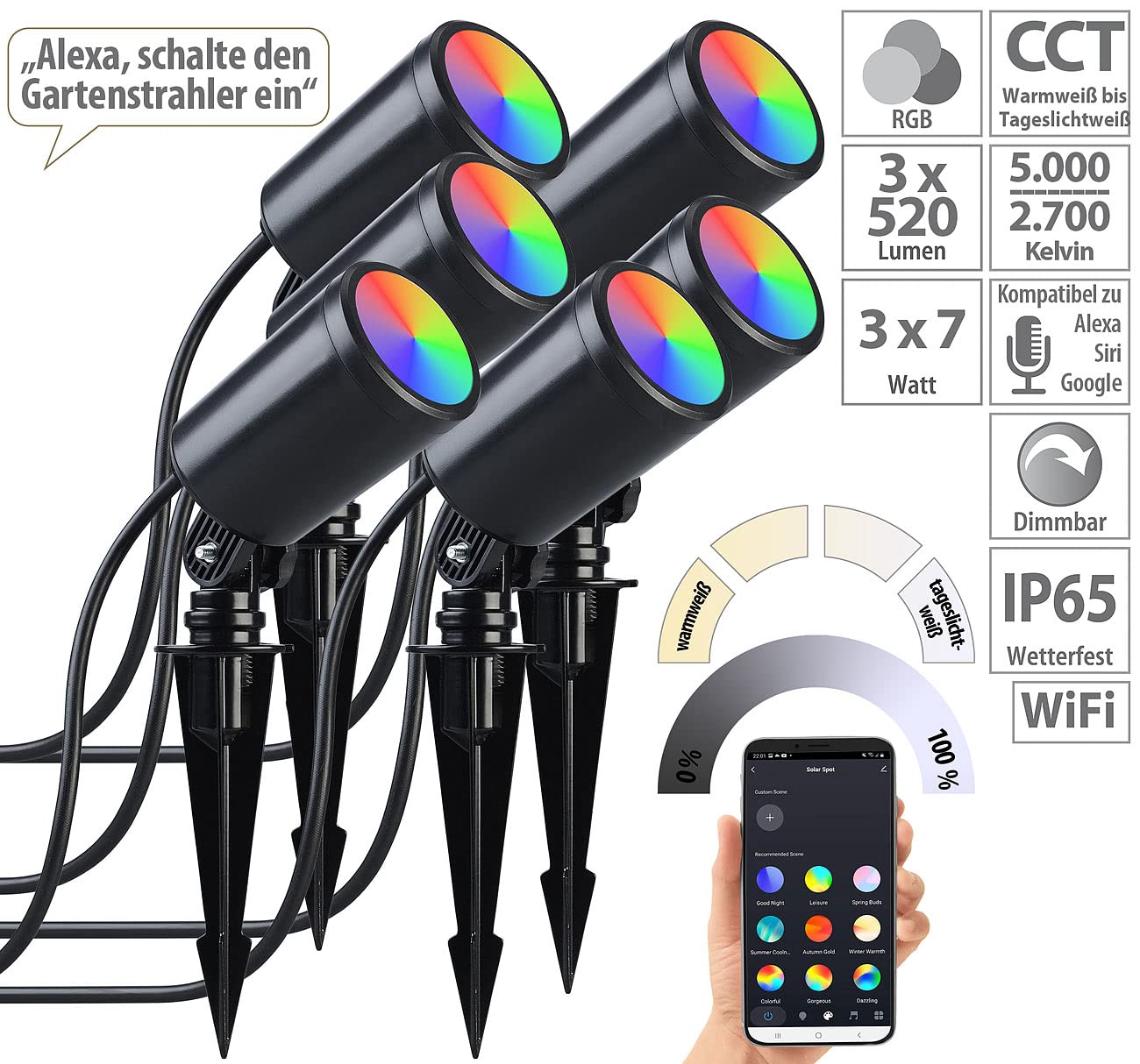 Luminea Home Control Gartenspots: 2x 3er-Set WLAN-Gartenstrahler, dimmbar, RGB & CCT, je 520 lm, App (LED-Gartenstrahler RGB, LED-Erdspießstrahler, Pflanzenlicht)