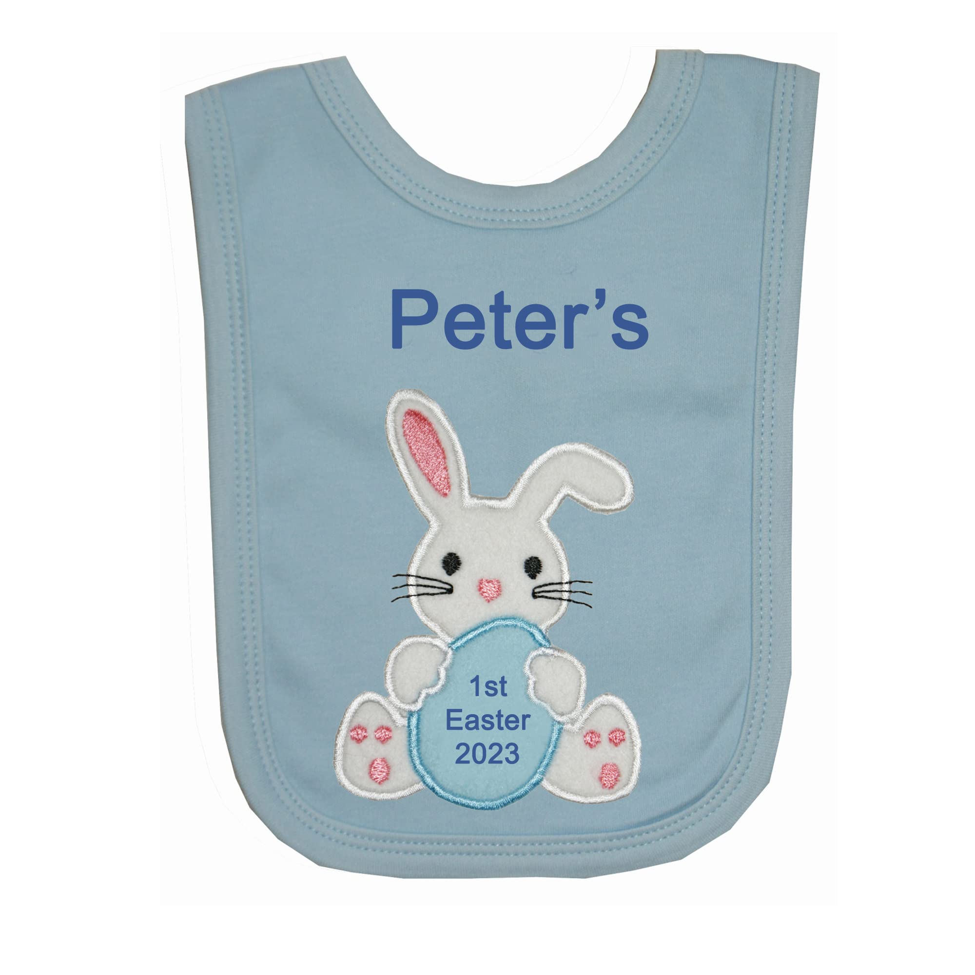 Oh Sew Simple Boys Blue 1St Easter Bunny Personalised Bib. Handmade In The Uk With Embroidered Name And Year (Blue)