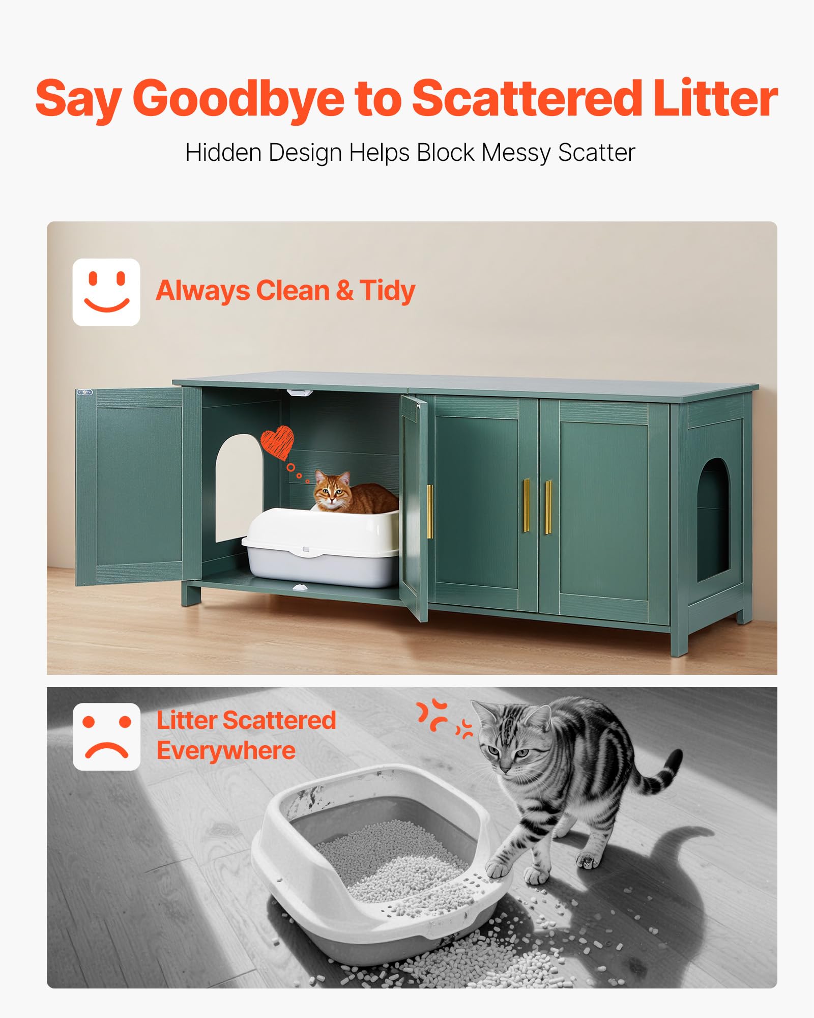 VEVOR Arenero para Gatos, 1200 x 450 x 500 mm, con 4 Puertas 2 Entradas, Mueble de Interior, Caseta de Madera, Compatible con la Mayoría de Areneros, Verde, Carga Superior 60 kg e Inferior 45 kg