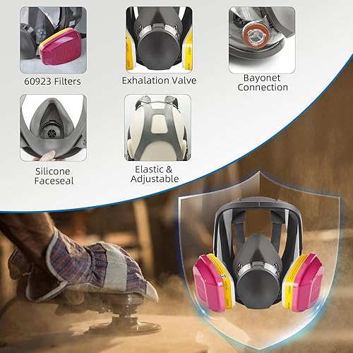 Miniatura 3 de Máscara respiradora de cara completa, 6800 mascarillas respiradoras reutilizables con filtros, antivaho, respirador de vapor orgánico, ideal para