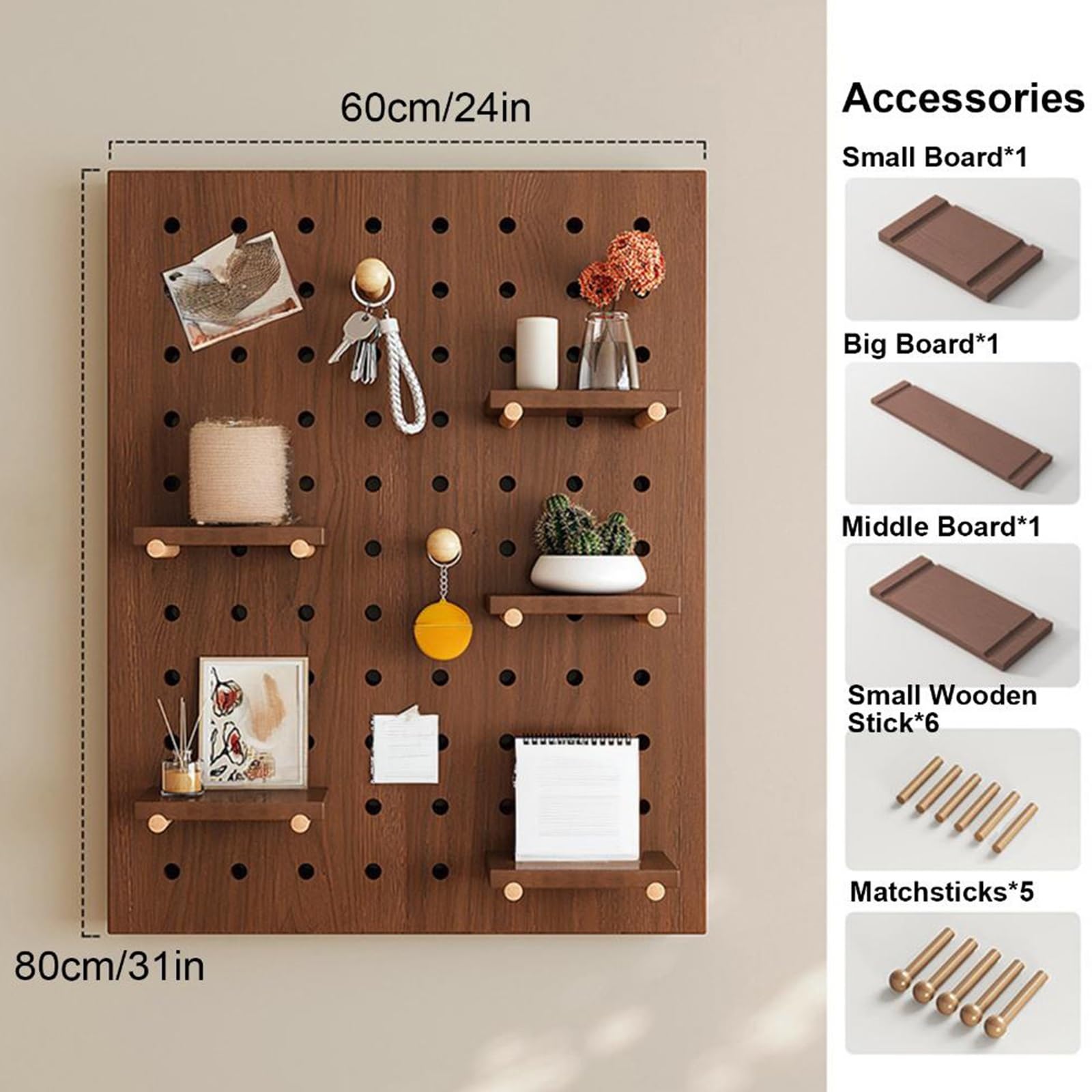 Lochwand Aus Holz für Schlafzimmer, Arbeitszimmer, Büro, Badezimmer, Wandmontage, Stabile Stecktafel mit 3 Ablagen und 11 Kleinen Zubehörteilen(White)