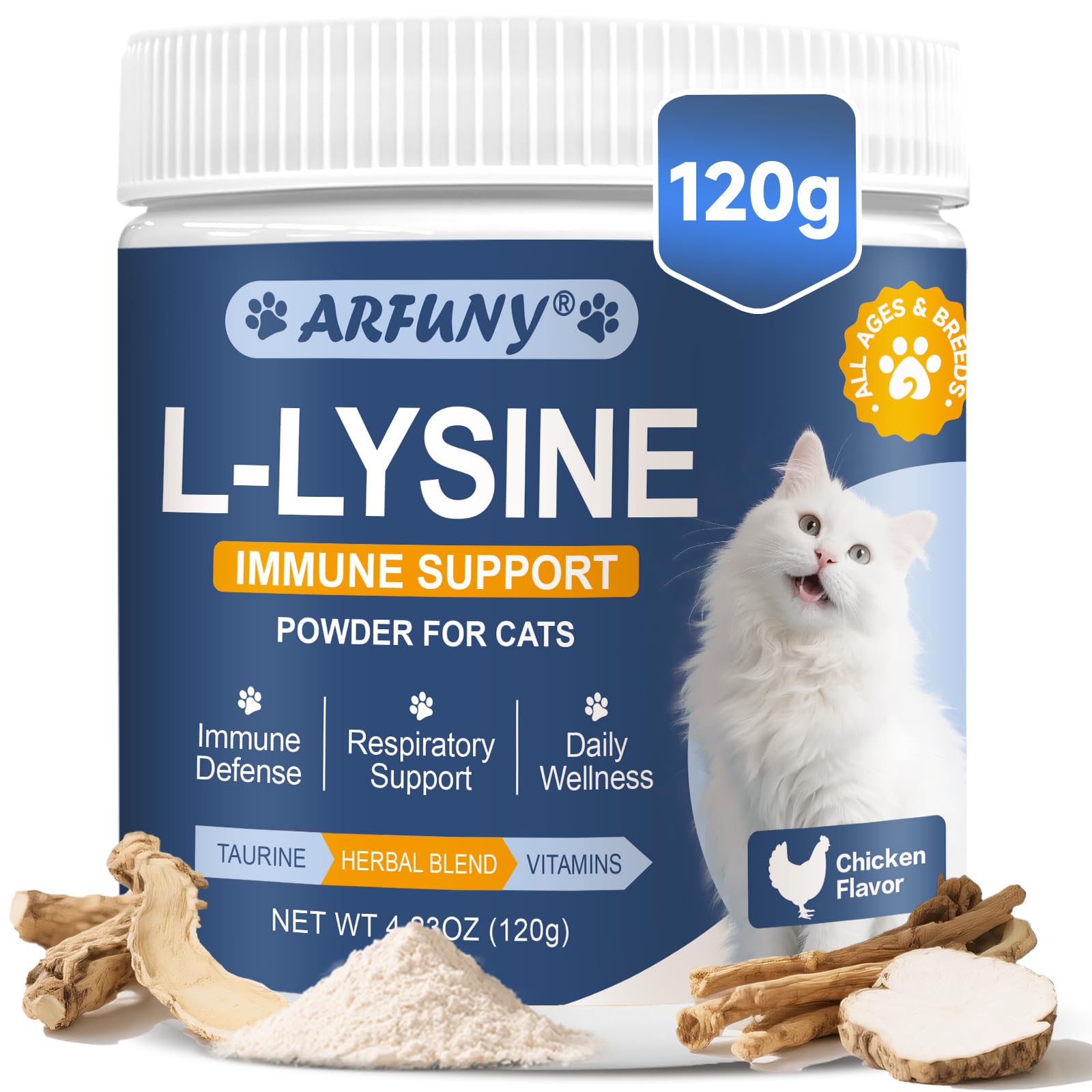 Lysine for Cats - L-Lysine Powder for Cats - Cat Immune Support - for Respiratory and Eye Function - with Taurine, Vitamins - Chicken Flavor Powder