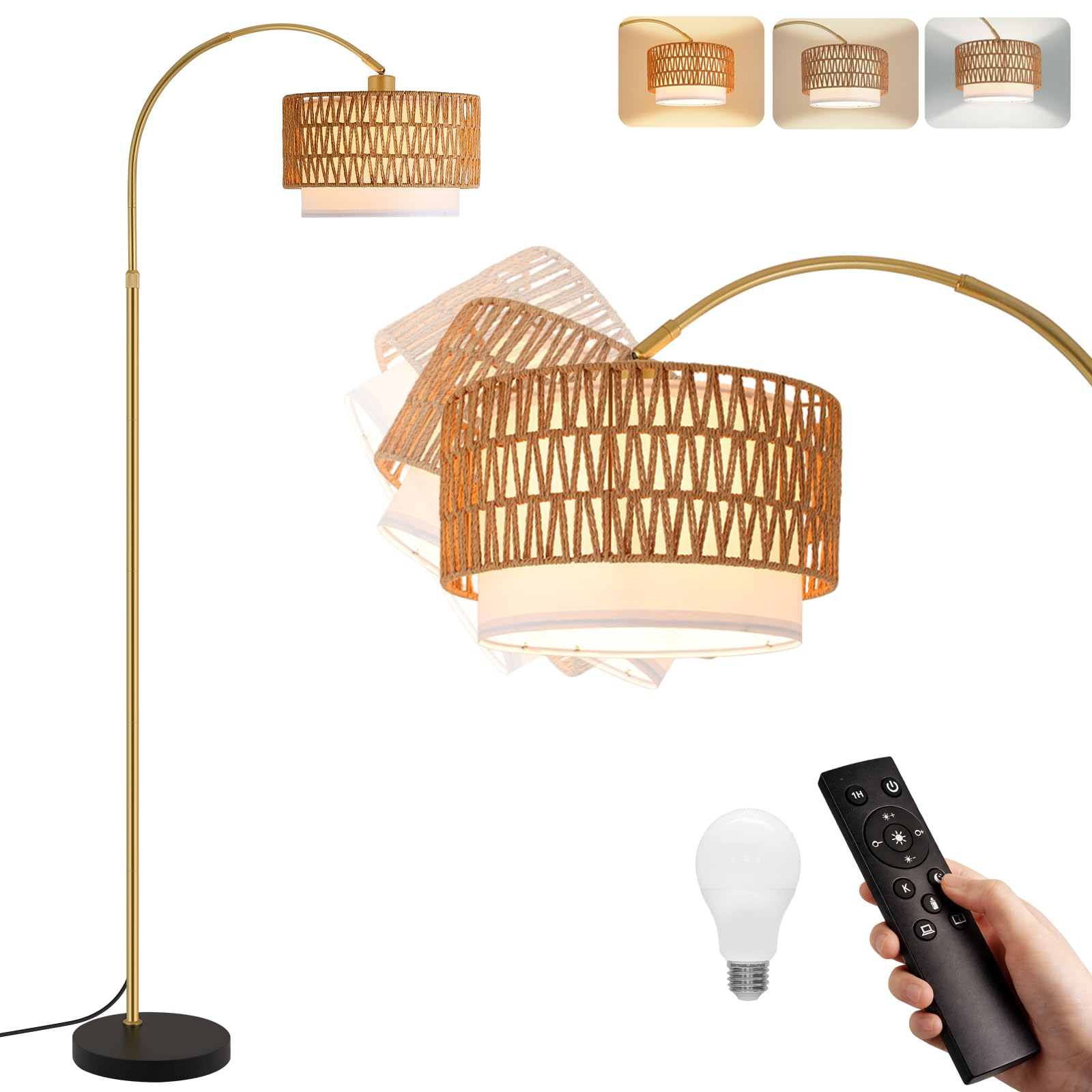 Lampada da terra ad arco per soggiorno, stile boho dorato: lampada da terra in rattan, dimmerabile con telecomando, lampada ad arco incl. 1 LED da 9 W adatta per ufficio e camera da letto