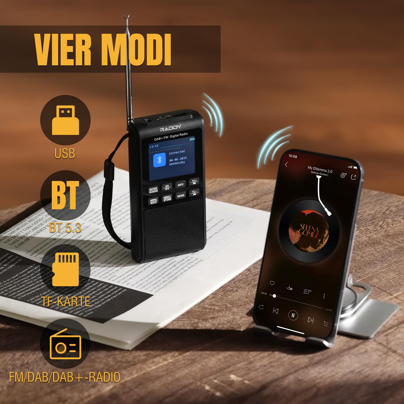 Raddy RD939 DAB+/FM Taschenradio mit Bluetooth 5.3, 5W Lautsprecher, USB-C | 80 Senderspeicher, 2-Zoll-Display, TF/USB-Wiedergabe, Doppelwecker und 1200mAh Akku für zuverlässigen Empfang unterwegs