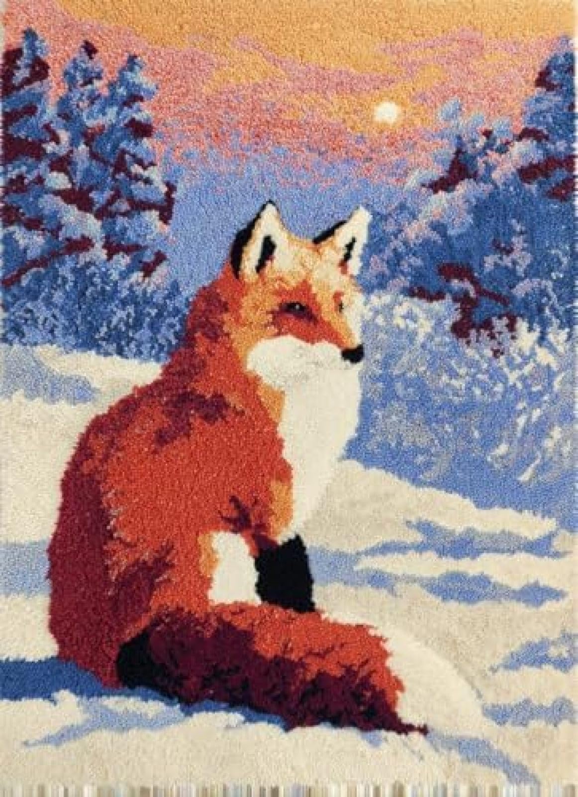 XDEGHUANGSS Latch Hook Rug Kit Fox in Snow Field Cushion Cover DIY Craft Set Pre-Printed Mat 38x52cm for Home Decor