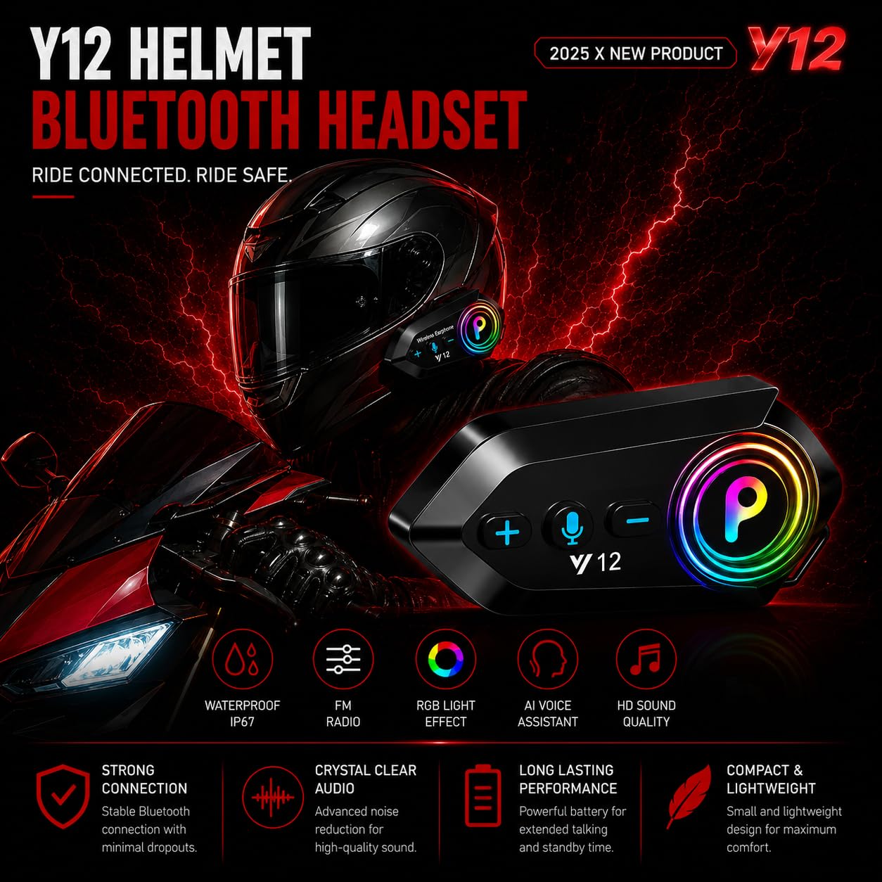 Primate Y12 Bluetooth Motorcycle Helmet Headset – HD Calling and HiFi Music & GPS Support, IP67 Waterproof, Works with Android & iOS, Universal Helmet Compatibility (Y12) — Amazon image 3