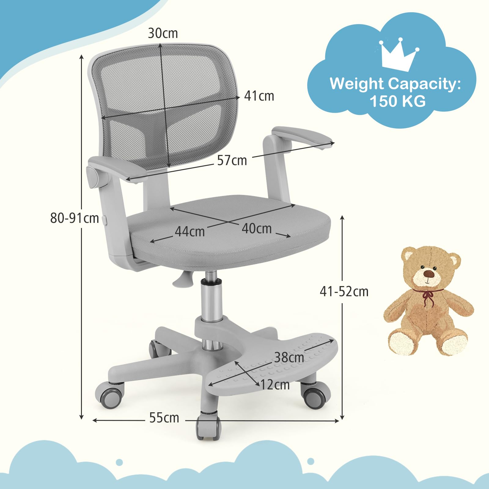 LIFEZEAL - Silla de Oficina Infantil Giratoria 360° con Reposapiés, Silla de Estudio con Altura Ajustable, Apoyabrazos Elevables, Silla Ergonómica para Niños, Carga 150 kg (Gris)