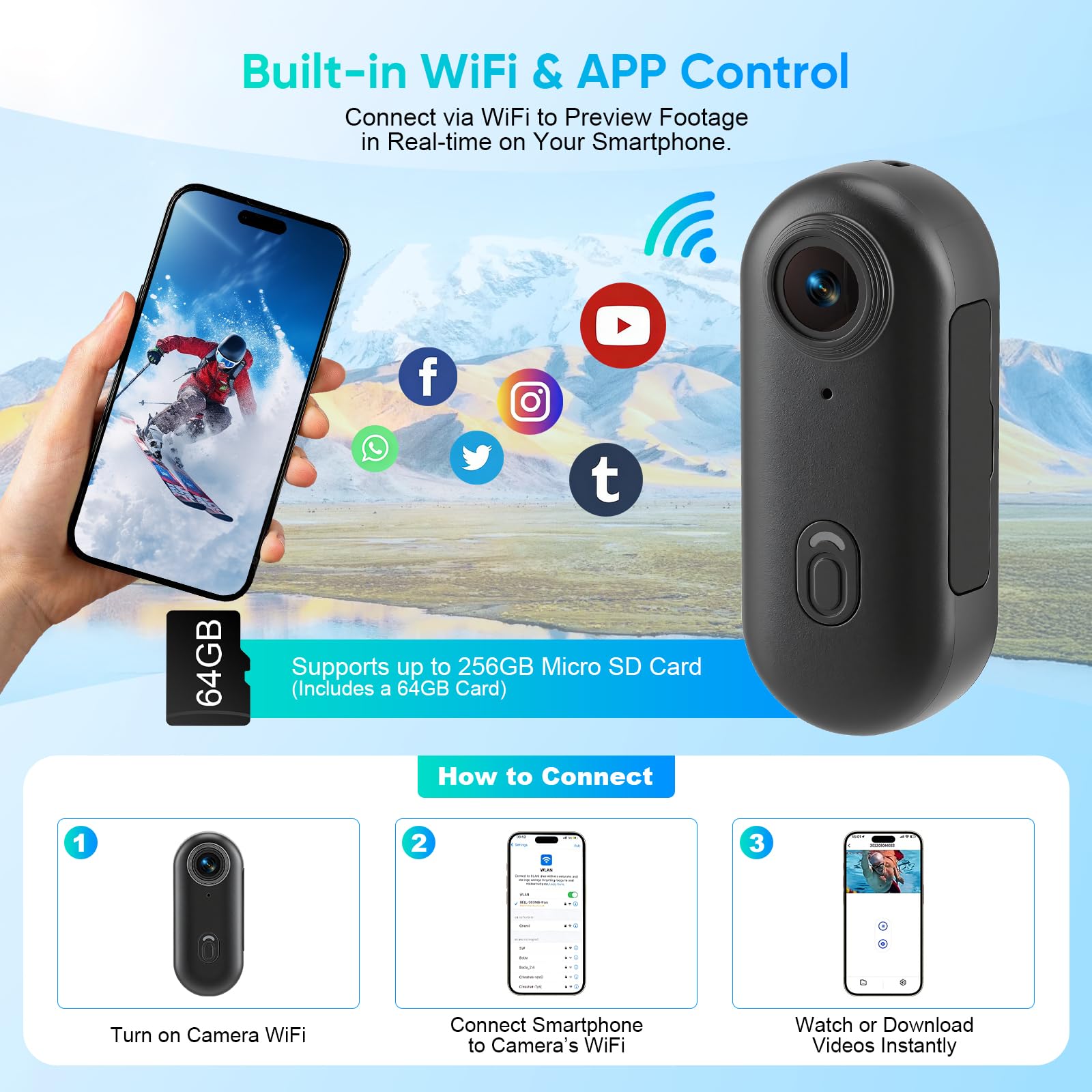 Minicámara de acción multifunción WiFi, cámara corporal 4K, cámara de acción con tarjeta de memoria de 64 GB, gran angular de 120°, cámara submarina portátil, se puede conectar en cualquier