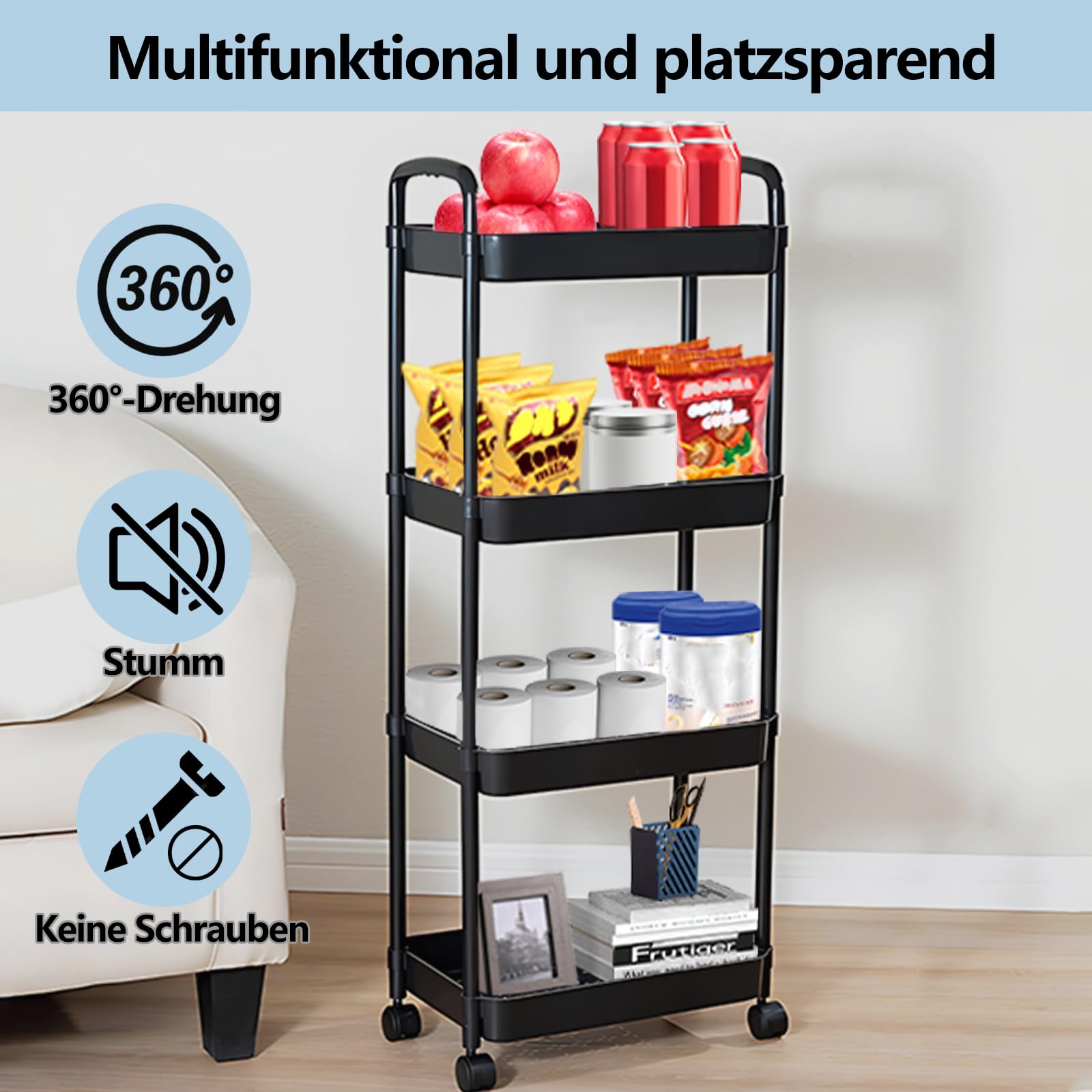 UUE Küchenwagen mit 4 Ebenen, Nischenwagen mit 4 Haken, Rollwagen Nischenregal auf Rollen, platzsparendes Badregal und Küchenregal für Wohnzimmer, Schlafzimmer, Bad, 100 x 36 x 24cm (Schwarz)