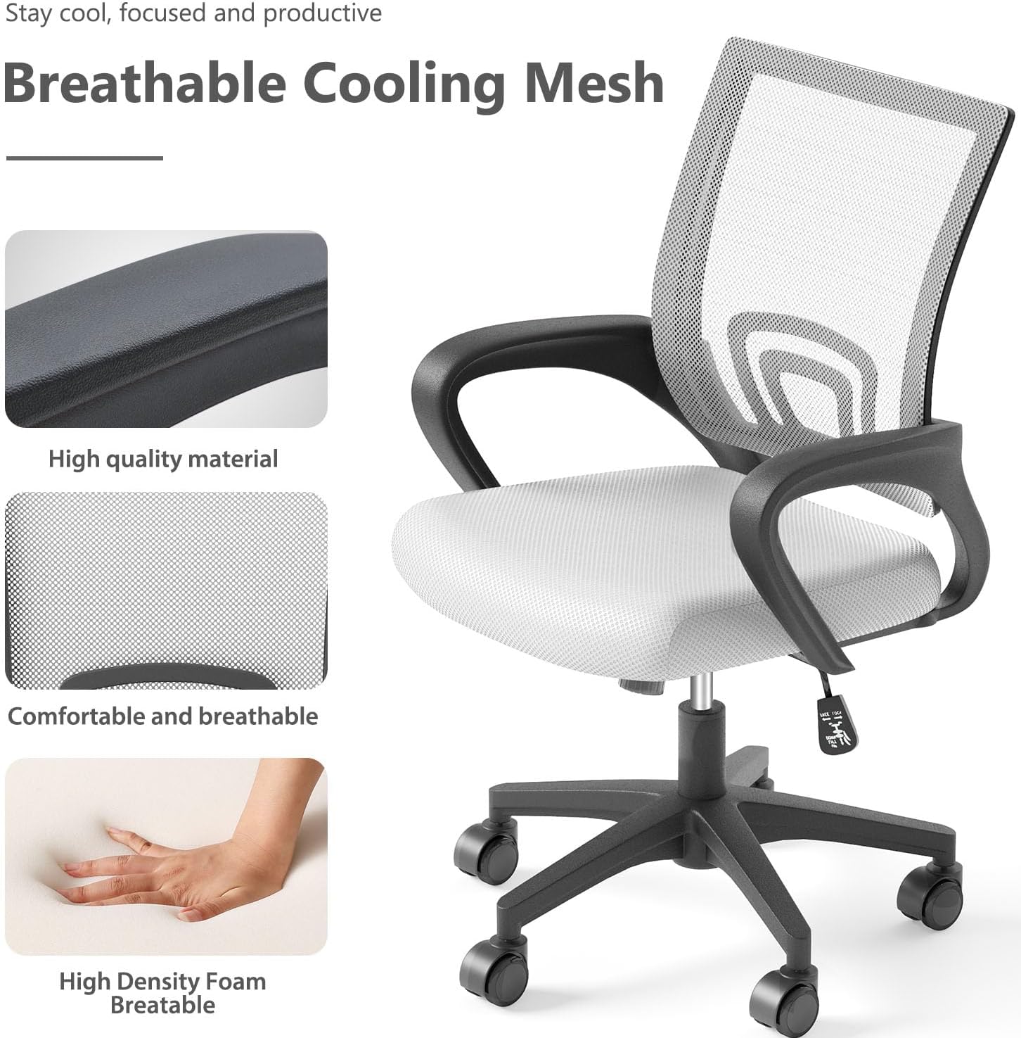 Home Office Chair, Ergonomic Mid-Back Mesh Desk Chair with Lumbar Support, Adjustable Swivel Rolling Design, Comfy Armrest for Work, Study, Gaming, Vanity (White, Single Chair) - 5