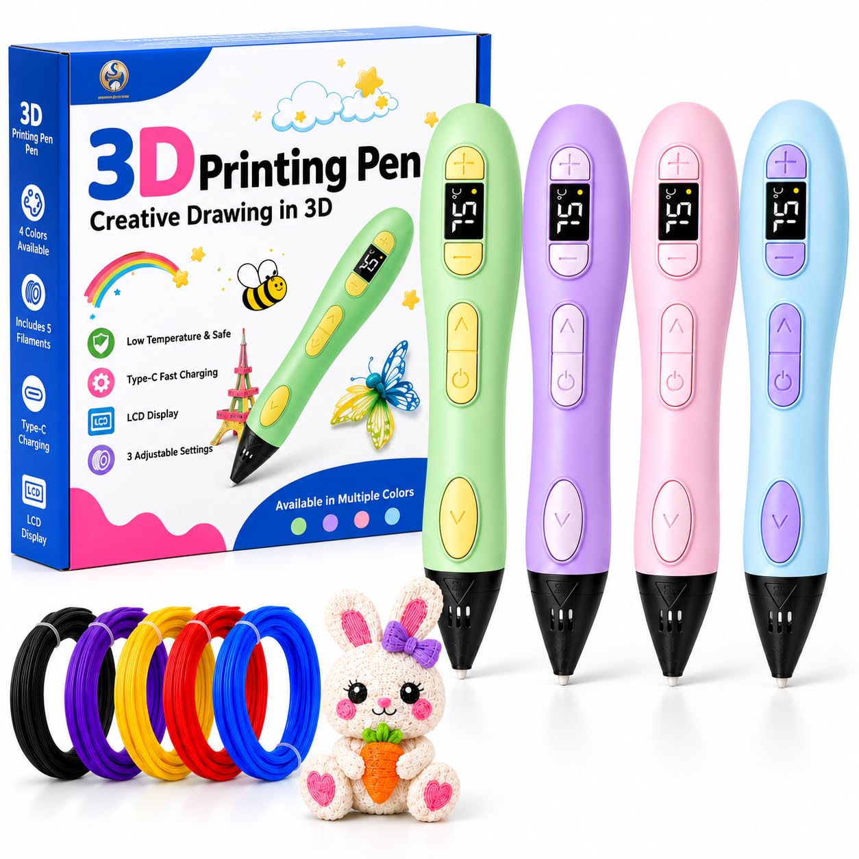 3d pen for kids & adults, usb powered 3d printing pen with lcd display, adjustable speed & temperature, stem creative modeling & doodling kit with 3 pla filaments & pen stand