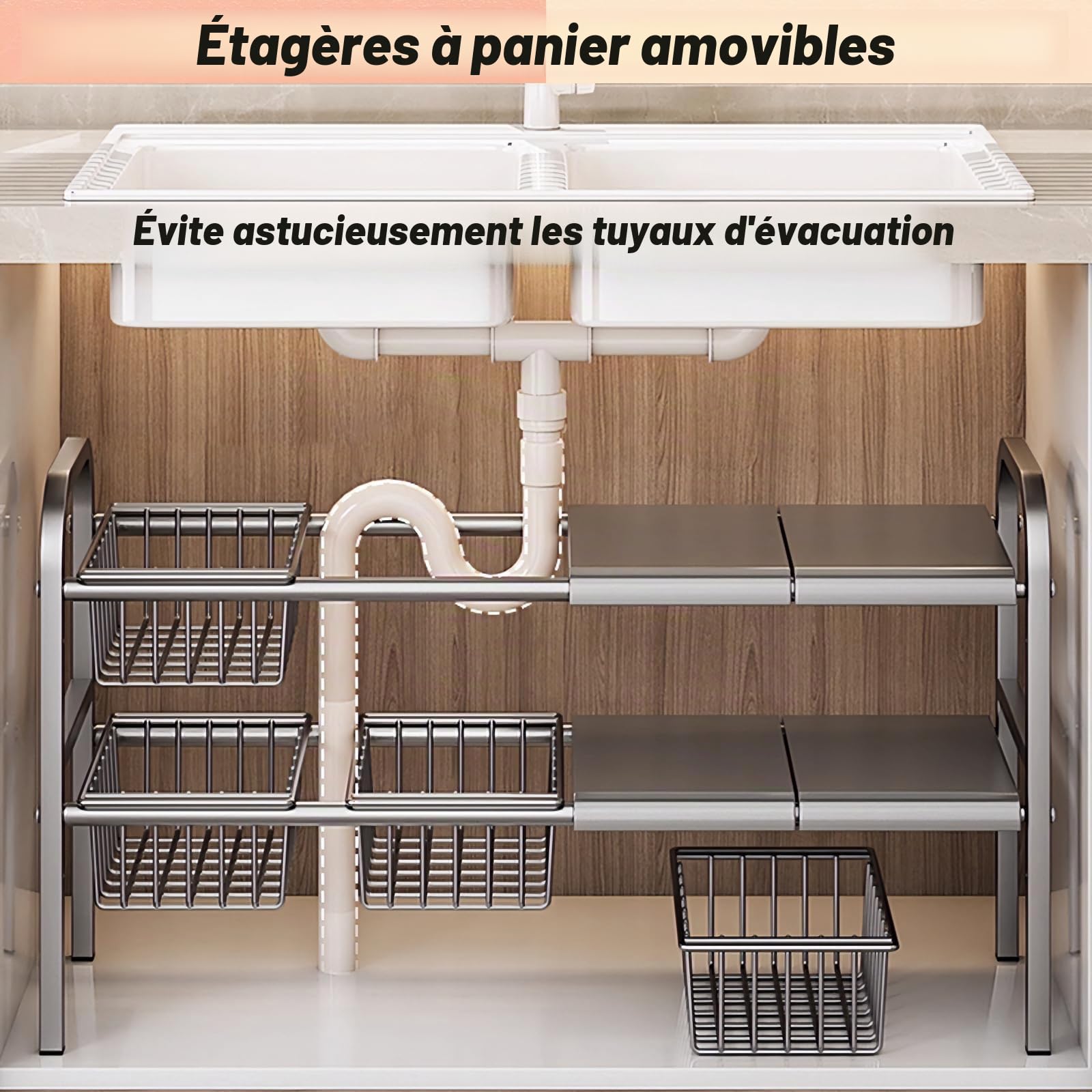 ViWaVee Rangement Sous Evier Extensible 53-93cm Organisateur Cuisine 4 Plateaux 4 Paniers Hauteur Réglable 5cm