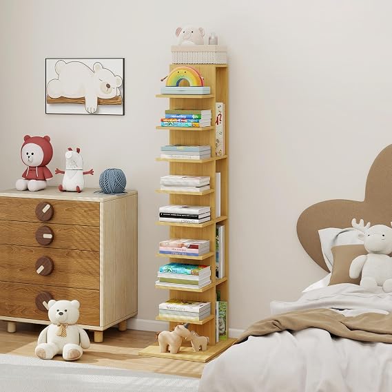 ELECWISH Narrow Bookshelf,63 Tall Vertical Spine Bookcase Tower for Small Spaces,Modern Corner Standing Shelf with Storage for Home Office, Set of 2