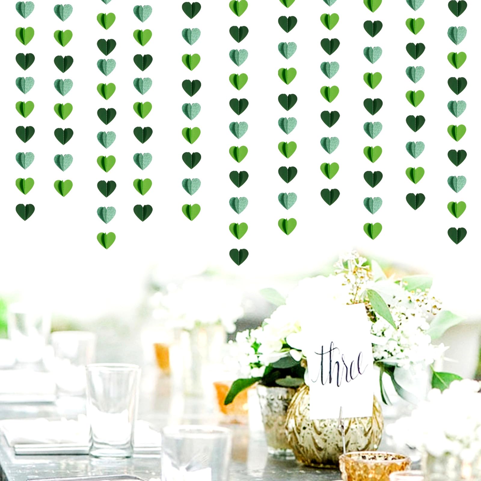 Grüne Party-Dekoration, Herz-Girlande, 14 m, 3D-Frühling, Sommer, Garten, hängende Luftschlangen, Banner, Geburtstag, Hochzeit, Verlobung, Babyparty, St. Patrick's Day, Hintergrunddekoration Burgleda