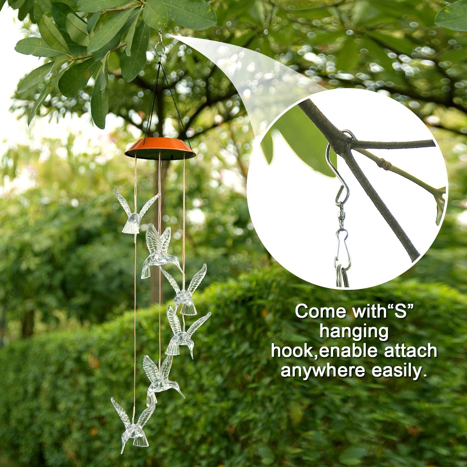 IMAGE Solar Wind Chimes Warm White Hummingbird Chimes Mobile LED Wind Chimes for Mother Home Garden Decor Patio Yard Lawn