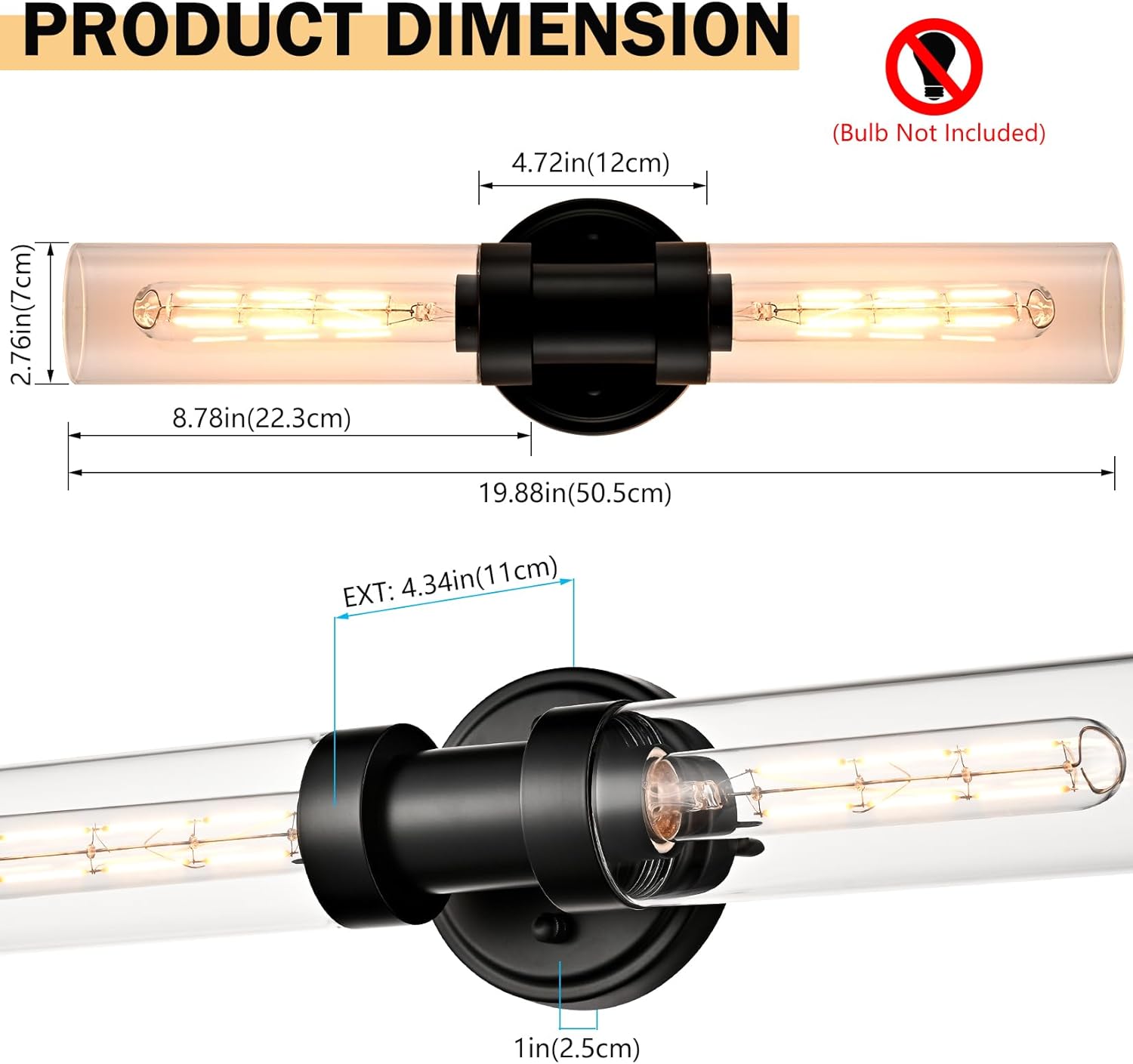 Farmhouse Black Wall Sconce 2-Light Cylinder Bathroom Vanity Lights with Clear Glass Shade 20-Inch Modern Matte Black Glass Sconces Wall Lighting for Bedroom Hallway Staircase