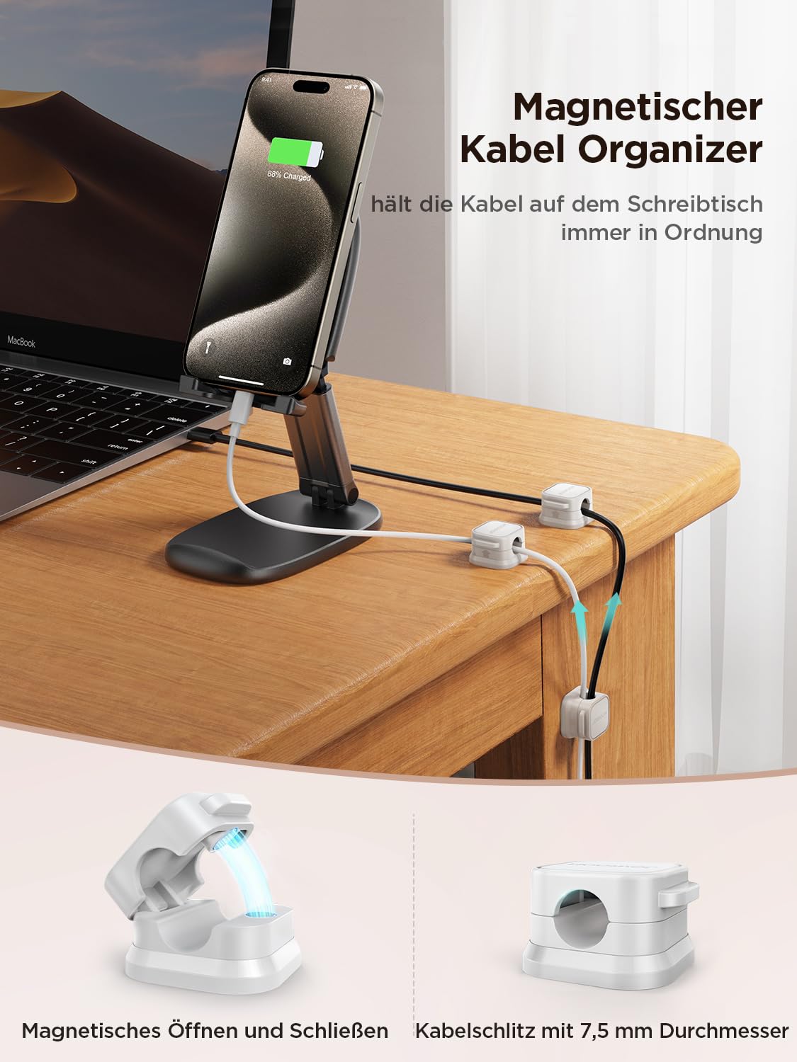 JOYROOM 6 Stück Kabelhalter Kabelclips Verstellbare Kabel Organizer Magnetische Kabelmanagement Selbstklebend Kabelhalter für Schreibtisch, Nachttisch, Ladekabeln, HDMI, USB, Audiokabel, Weiß