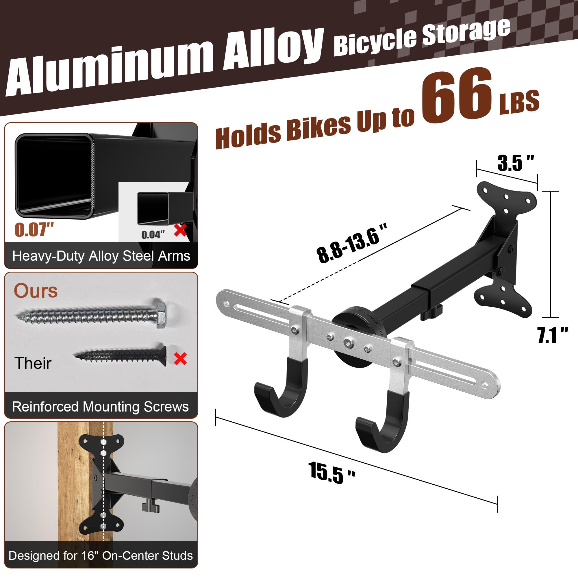 Bike Wall Mount Hanger for Garage, Heavy-Duty Durable Aluminum Alloy Horizontal Bicycle Storage Rack with Adjustable Hook, Hold up to 66lbs, for Road Mountain Hybrid Bikes in Garage