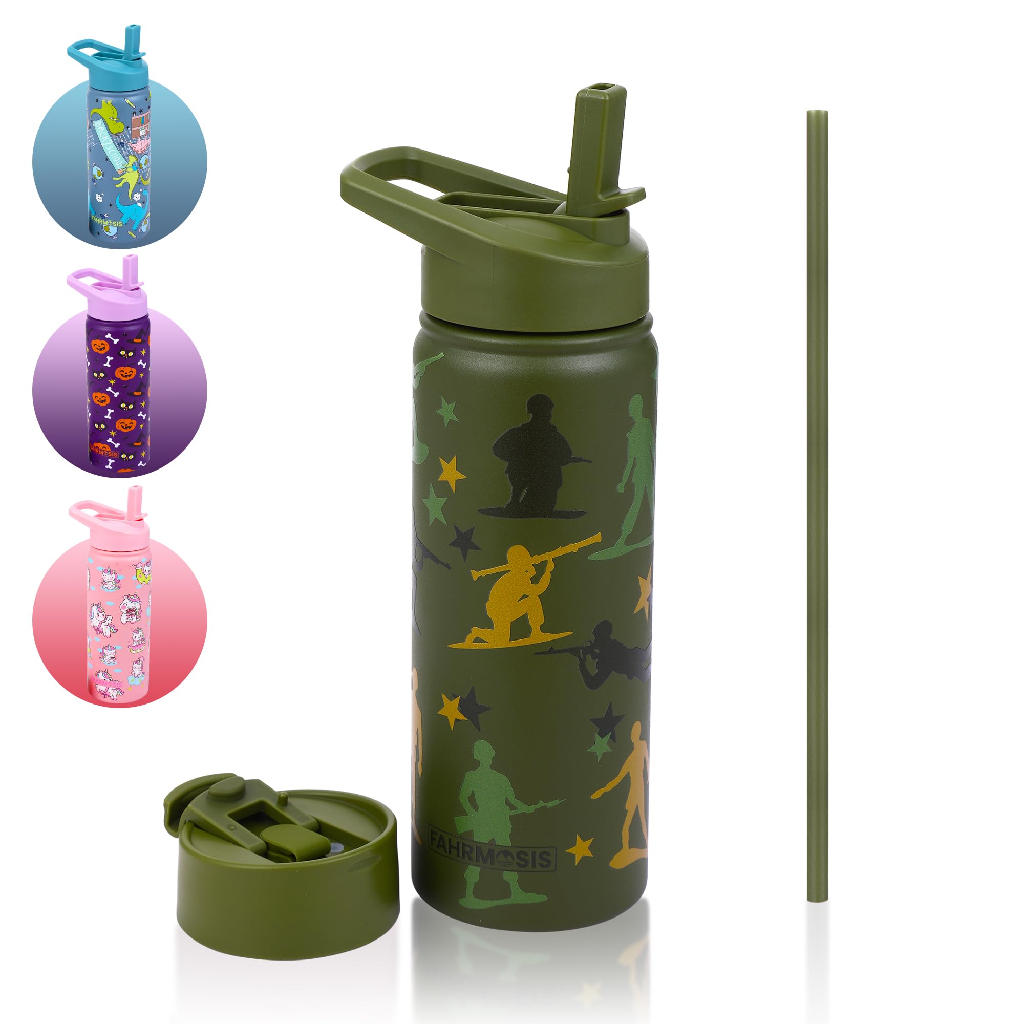 18 OZ Kids Water Bottle with Straw & 2 Lids (Flip & Spout) Leak Proof Metal Insulated Stainless Steel Reusable Tumbler for School & Sports Water Bottle - Green (Army)