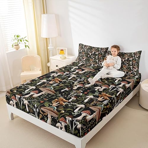 Miniatura 6 de Juego de sábanas de champiñones, tamaño King, juego de ropa de cama de hongos trippy de fresa roja para dormitorio de niños, ropa de cama rústica