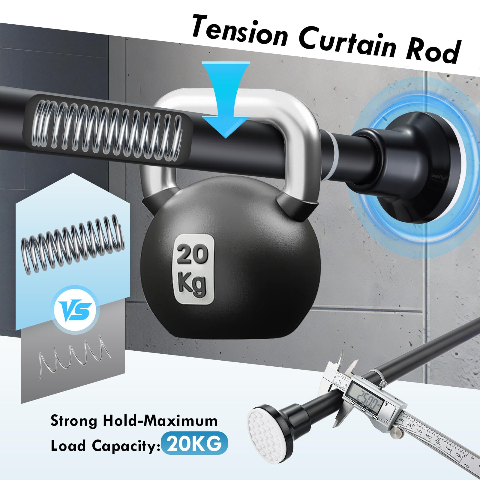Extendable Shower Curtain Pole 73-172cm Stainless Steel Shower Curtain Rod Tension Rod Adjustable Telescopic Curtain Poles No Drilling Shower Curtain Rail for Bathroom Window Kitchen Wardrobe Black - Image 3