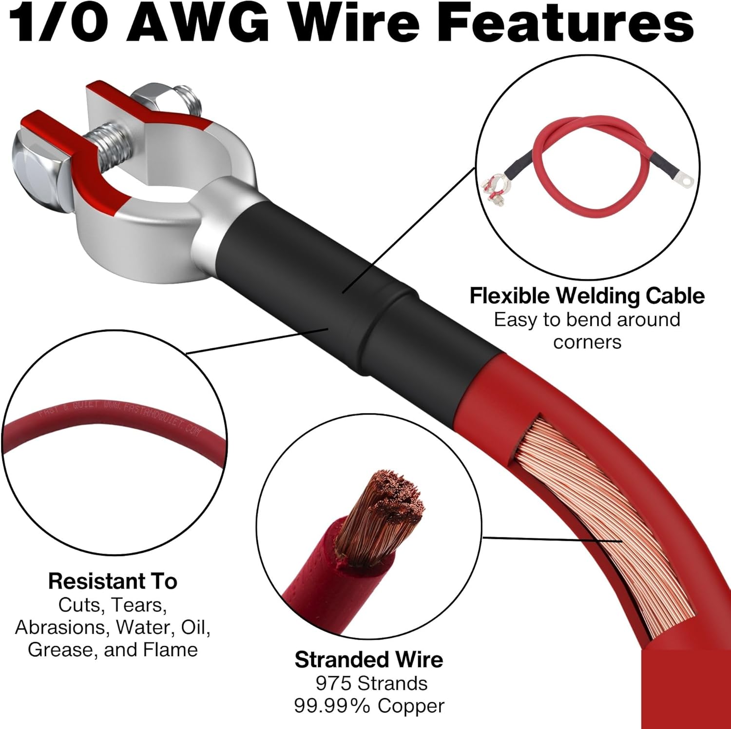 1/0 AWG Battery Cable with Battery Terminals, Pure Copper Wire, Automotive, Power Inverter, Welding, Golf Cart, Lawn Mower, Motorcycle (Red Wire, 3.5 FT (42 in), 3/8" to Top Post Pos, 1pc)