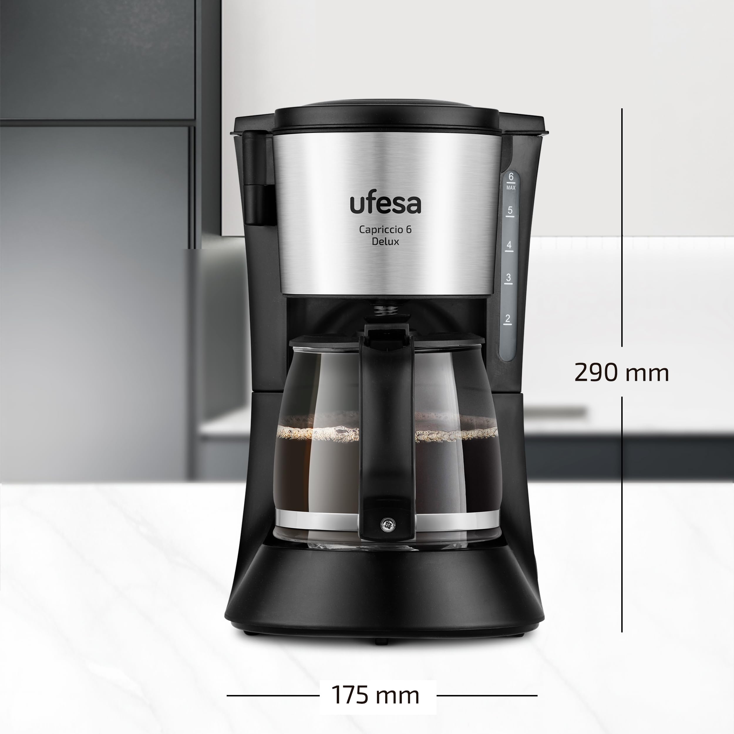 Ufesa CG7115 Capriccio 6 Delux Macchina Caffè Americano, 6 tazze, 600W, Brocca 0,6 L, Filtro Permanente, Piastra Riscaldante Antiaderente, Sistema Salvagoccia, Auto Stop, Finiture in Acciaio Inox