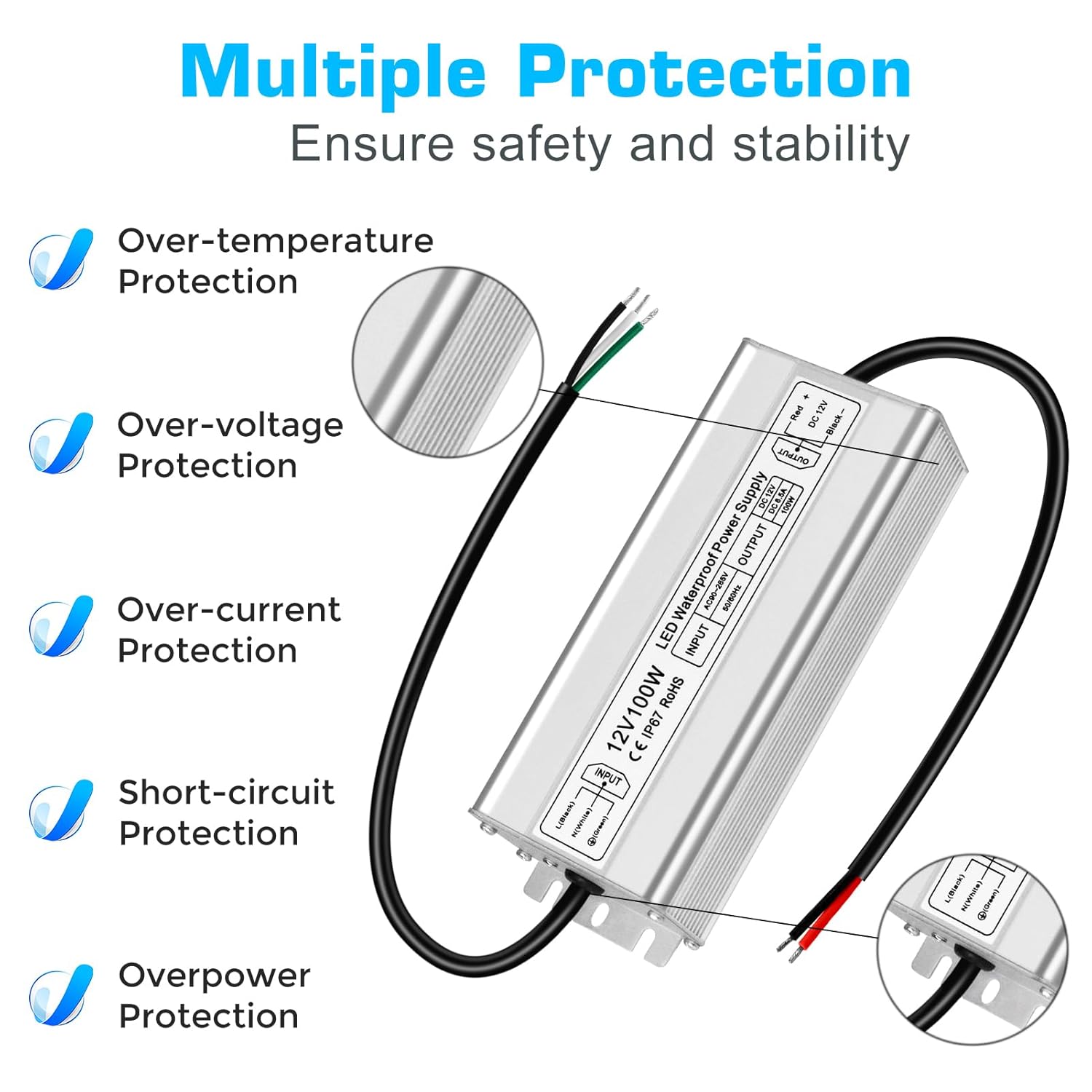 inShareplus LED Driver 100W 12V Power Supply, Waterproof IP67 100V-260V AC to 12V DC Transformer Adapter, Low Voltage Output for LED Light, Computer Project, and Other 12V DC led Lights